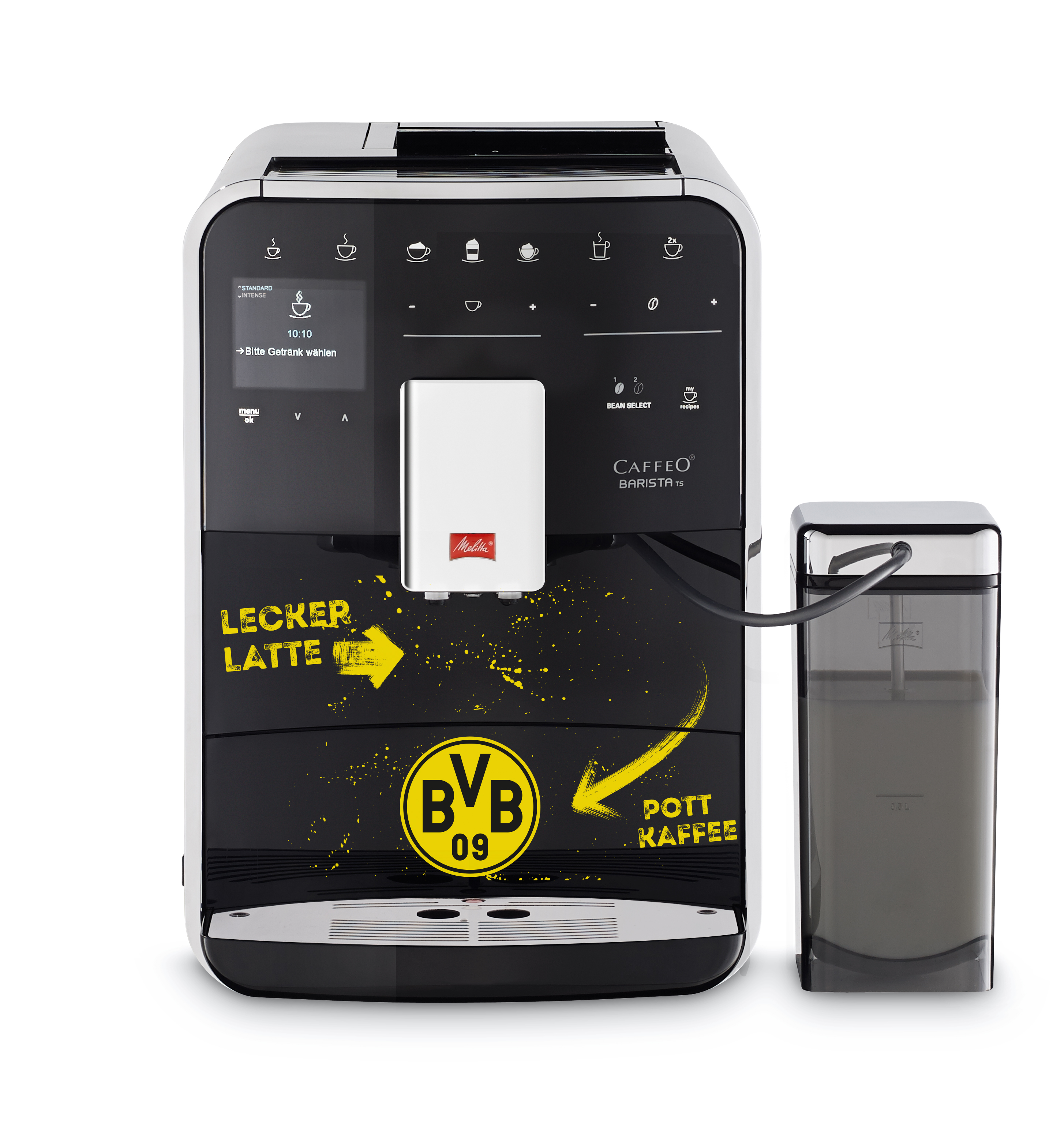 Eine Kaffeemaschine mit Text und Logo, und ein separater Wassertank.