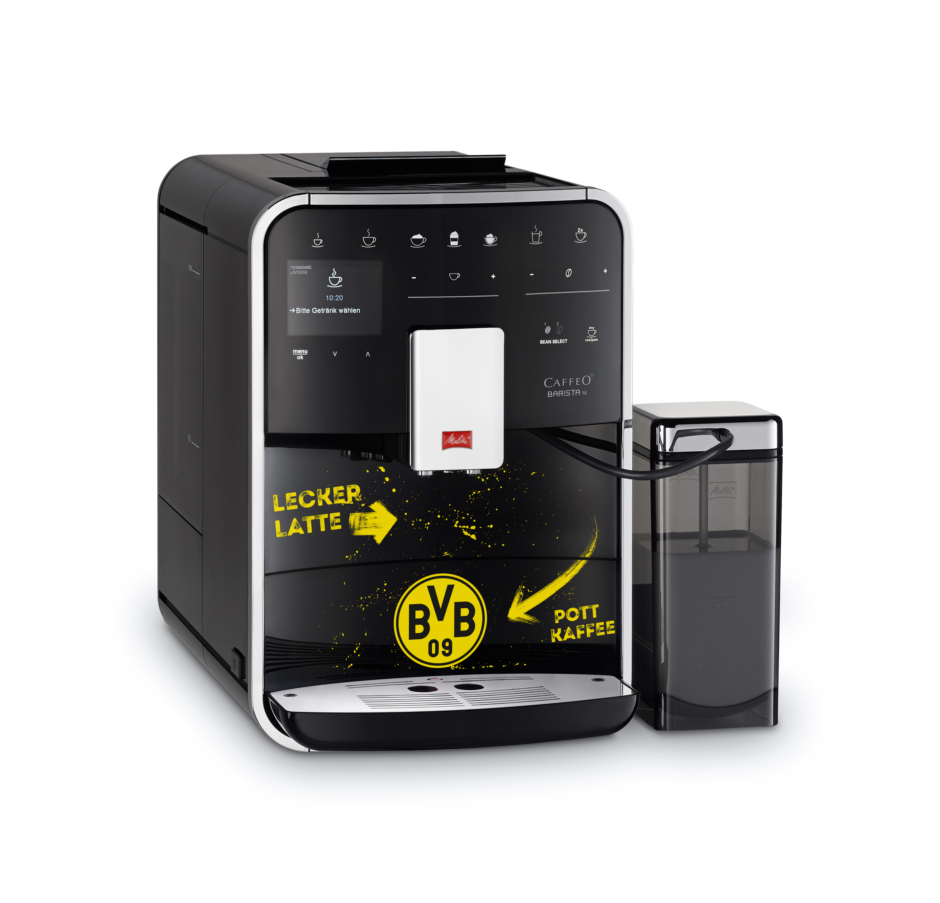 Schwarze Kaffeemaschine mit Bildschirm. Hat einen Aufkleber mit einem gelben Pfeil und einem BVB-Logo. Weißer Hintergrund.