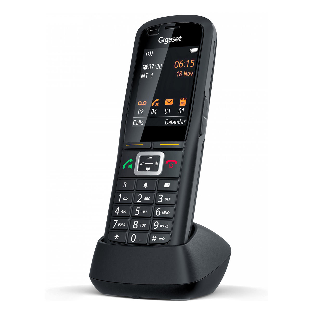 Telefon bezprzewodowy Gigaset w czarnej stacji ładującej. Telefon ma wyświetlacz i przyciski.