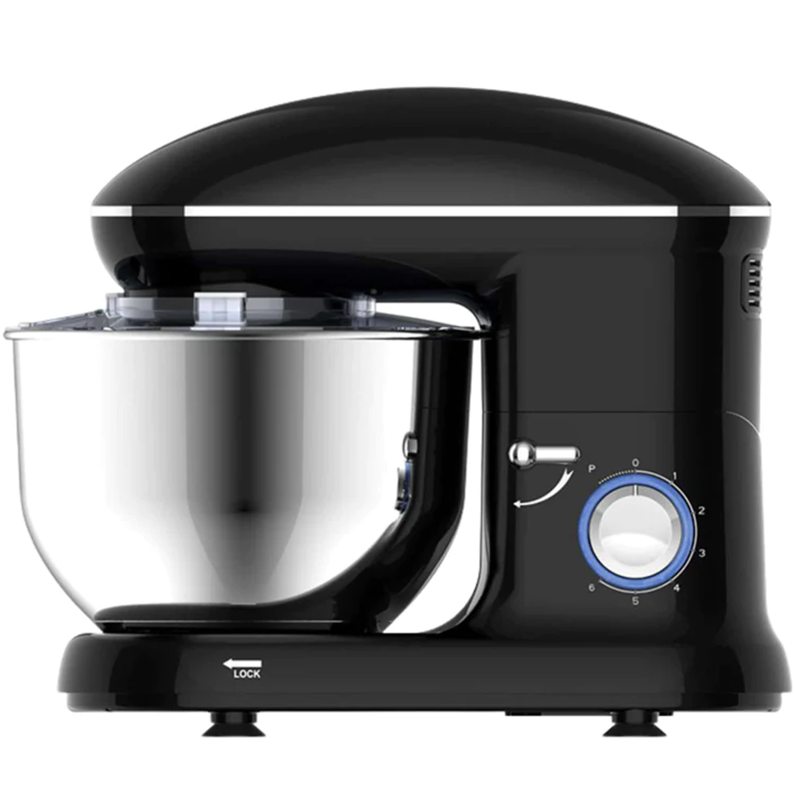 Schwarzer Küchenmixer mit Edelstahlschüssel und blauem Drehknopf.