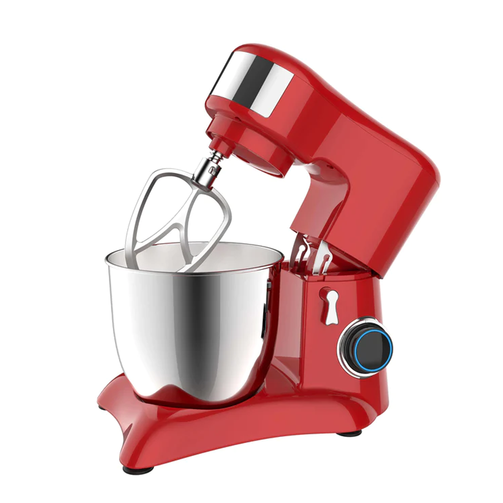 Una batidora de pie roja con un cuenco de acero inoxidable y accesorios.
