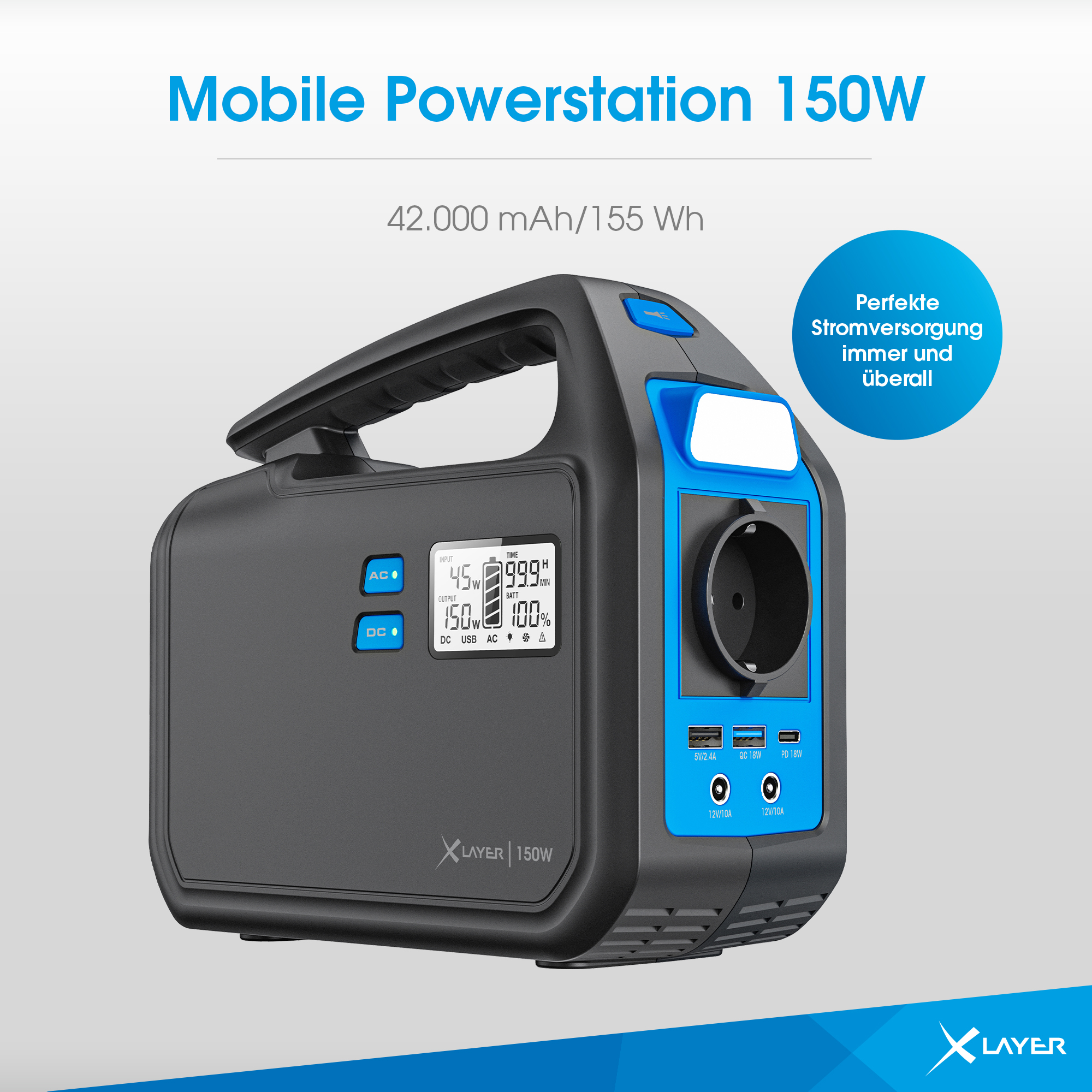 (Spitze 300W) Blau 150W XLAYER 42000 mAh 155Wh Schwarz Powerstation