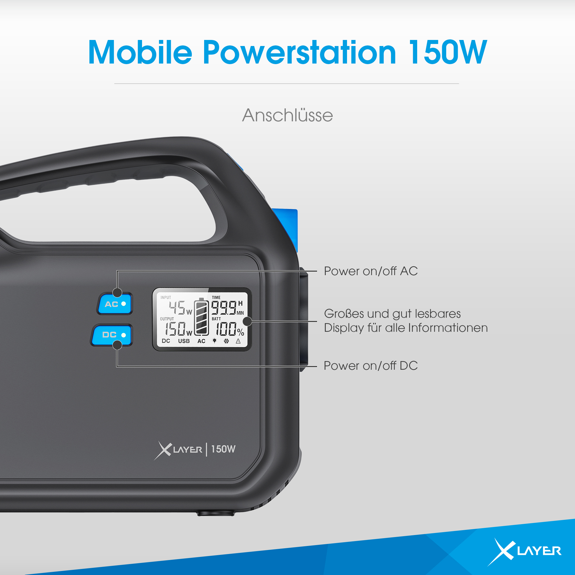 150W Schwarz Powerstation XLAYER 42000 Blau (Spitze 300W) mAh 155Wh