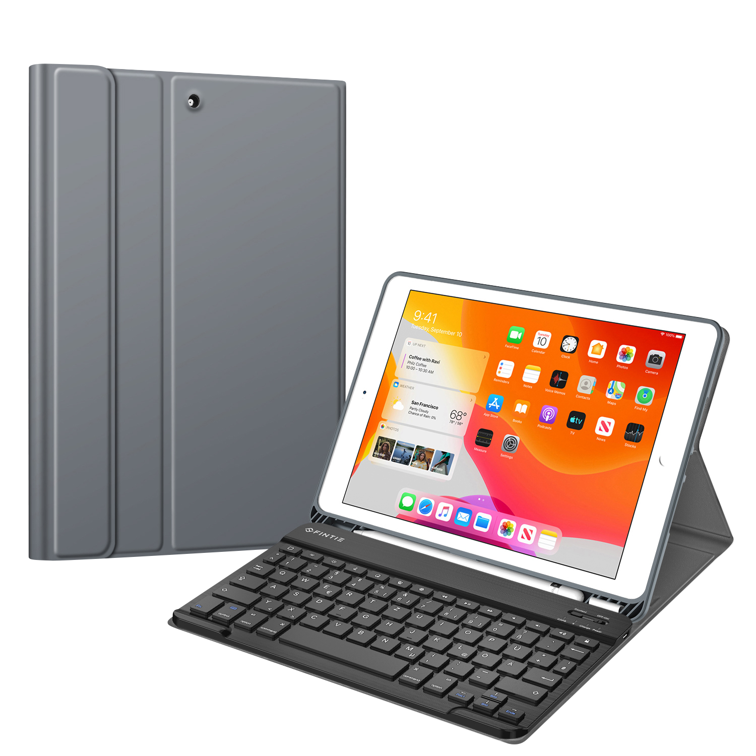 Ein graues iPad mit Tastaturhülle und einem Stift.