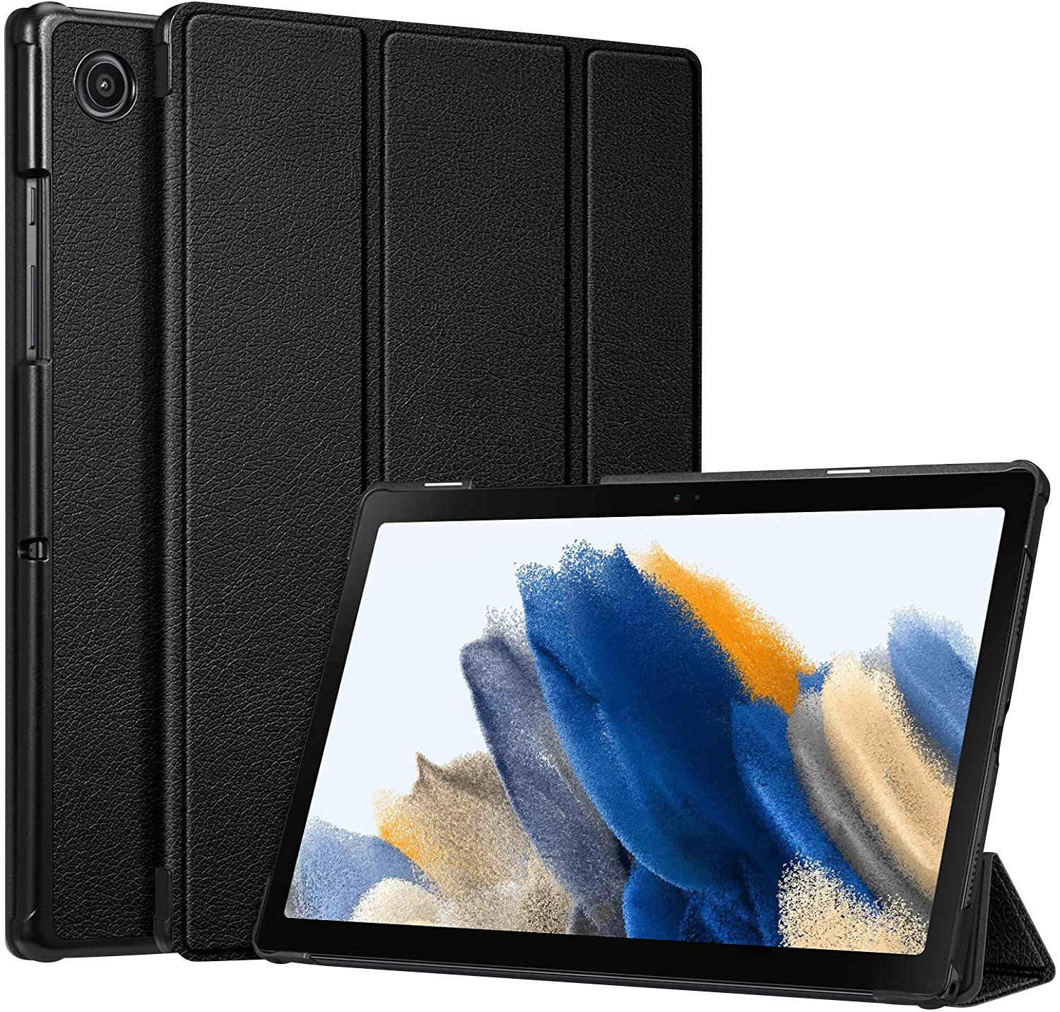 Schwarzes Tablet mit schwarzer Hülle. Der Tablettbildschirm zeigt ein farbenfrohes Bild.