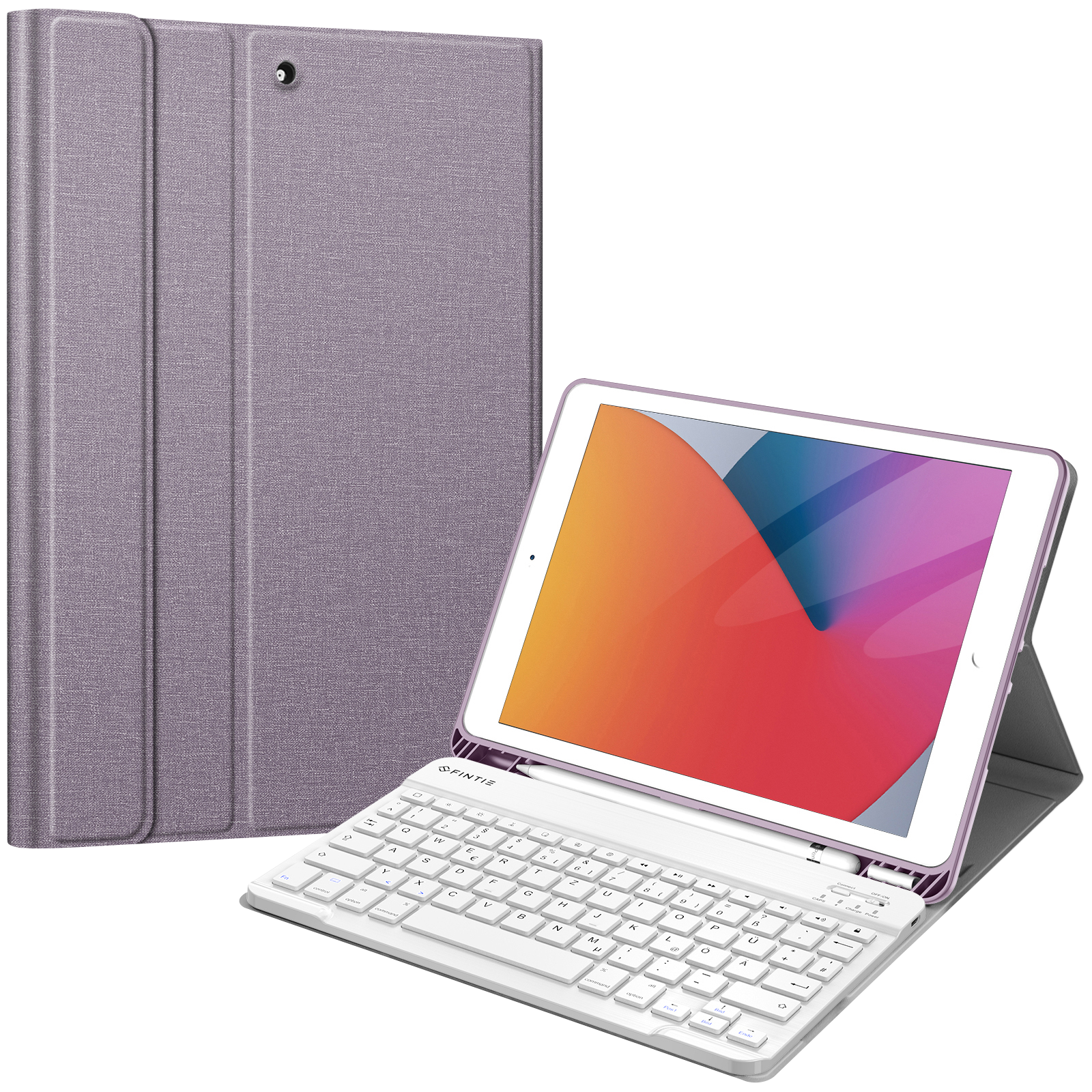 Lila Tablethülle mit weißer Tastatur und Tablet. Das Tablet zeigt ein farbenfrohes Bild.