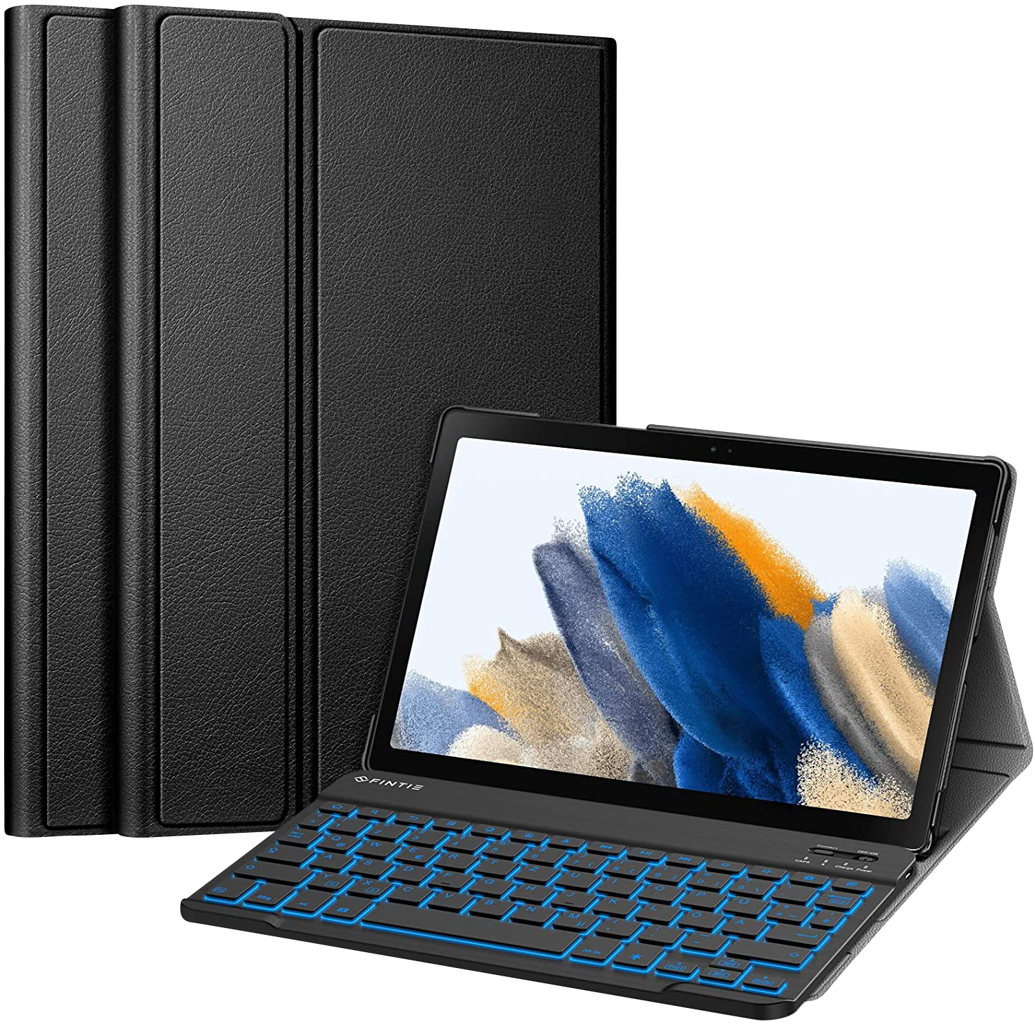 Ein Tablet mit Tastaturhülle und schwarzer Hülle. Das Tablet zeigt ein farbenfrohes Bild.