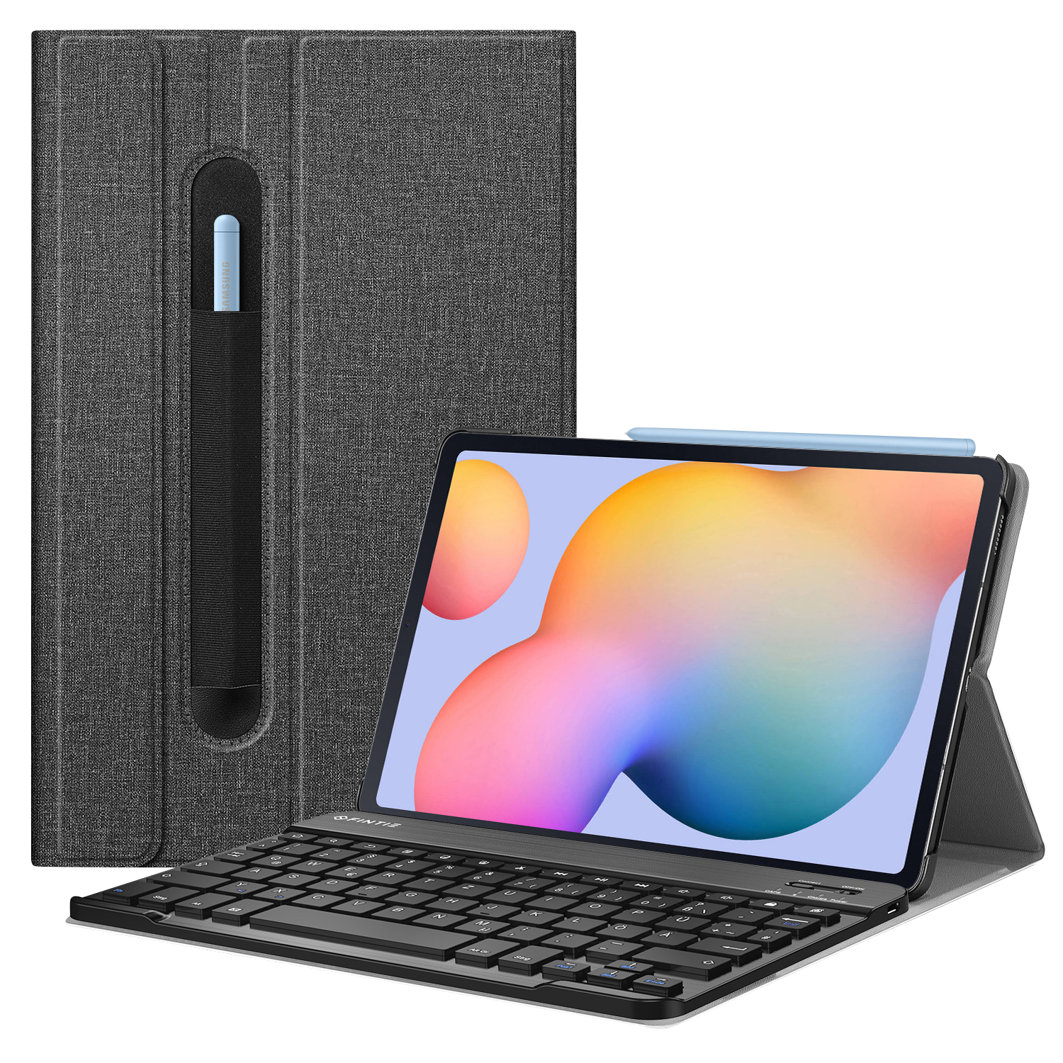Ein graues Tablet mit Tastaturhülle und Stift, vor schwarzem Hintergrund.