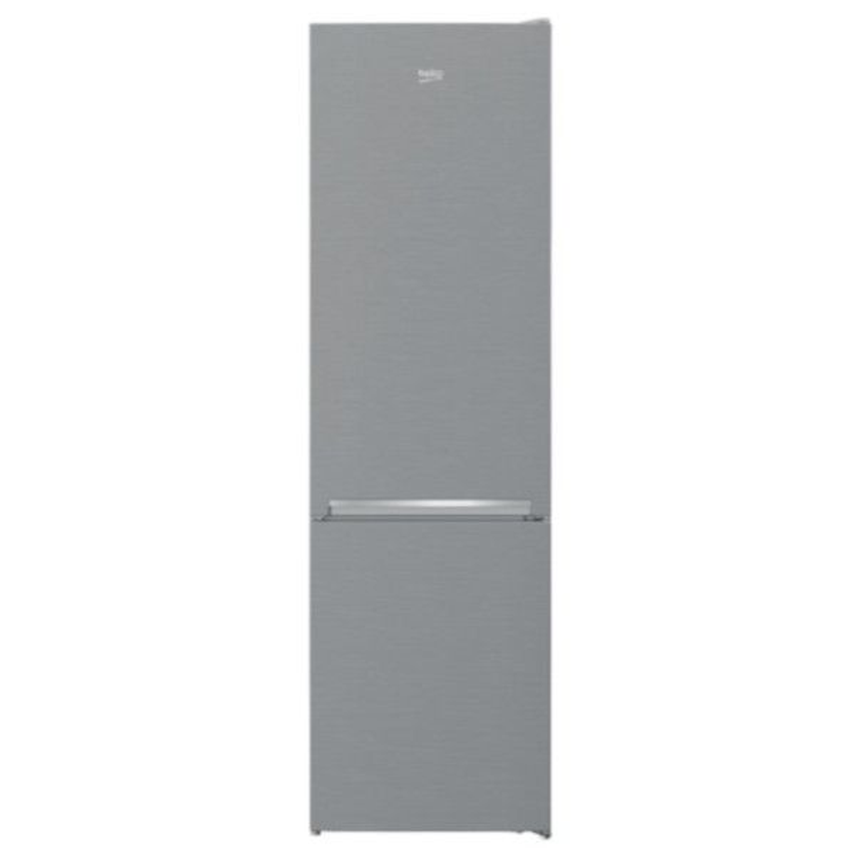 Un frigorifero grigio a due porte, chiuso. Design semplice e finitura opaca.