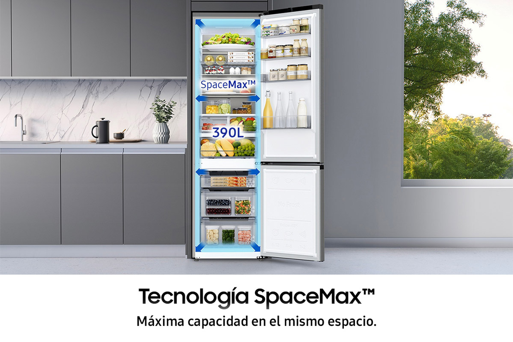 FRIGORIFERO COMBINATO SAMSUNG RB38T600DSA/EF, Capacità netta totale 390 l, Rumorosità: 35 dB(A), 5 ripiani, Dimensioni: L 595 mm A 2030 mm P 658 mm, Argento, Acciaio inox, Classe D