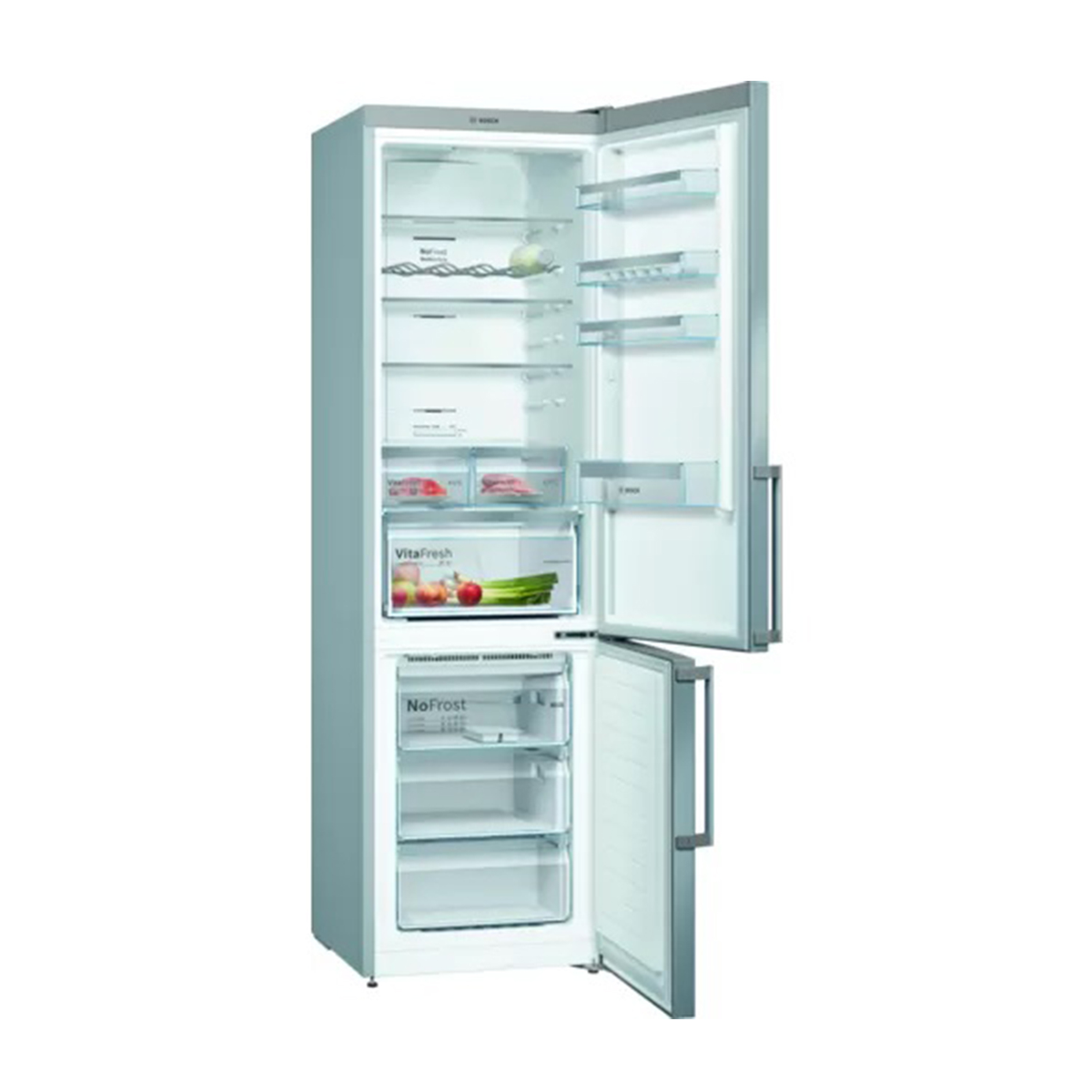 Otwarta lodówka Bosch z żywnością i widoczną szufladą VitaFresh.