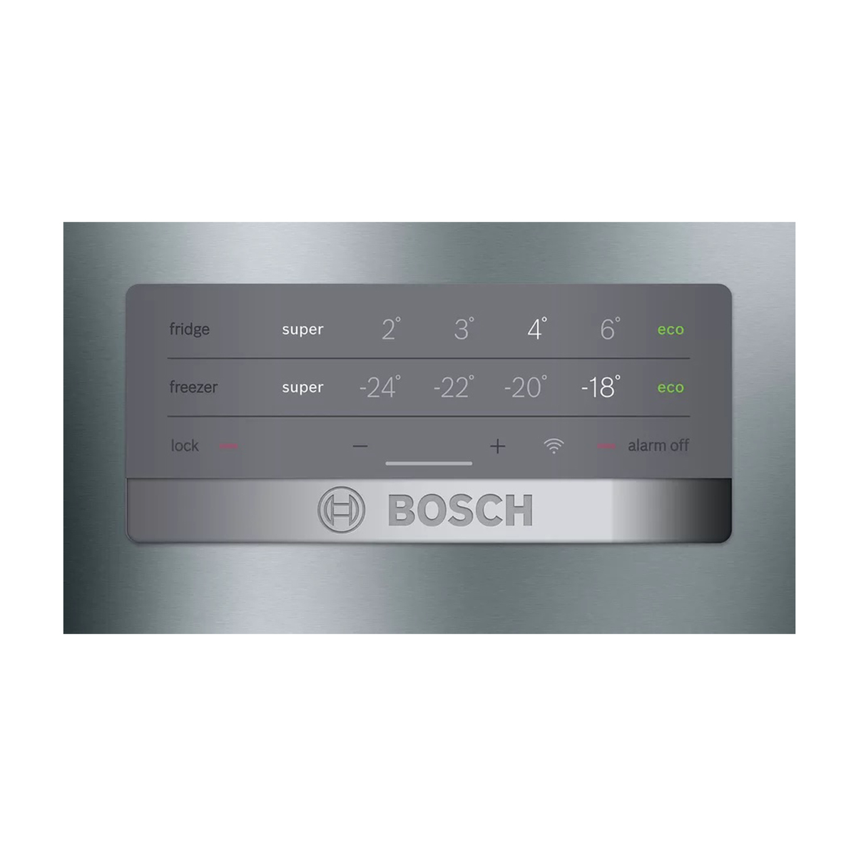 Srebrny panel sterowania lodówki z wyświetlaczem cyfrowym i przyciskami, pokazujący logo Bosch.