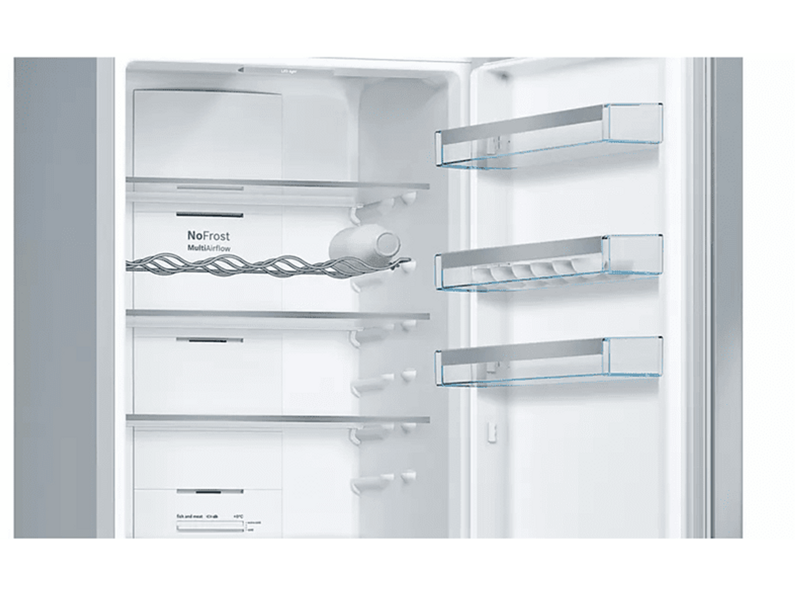 Wnętrze lodówki z półkami, pojemnikiem na wodę i systemem NoFrost MultiAirflow.