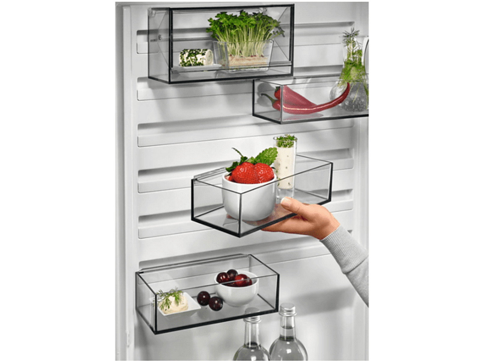 Lodówka ze szklanymi półkami, na których znajdują się produkty spożywcze. Jest ręka sięgająca do środka.
