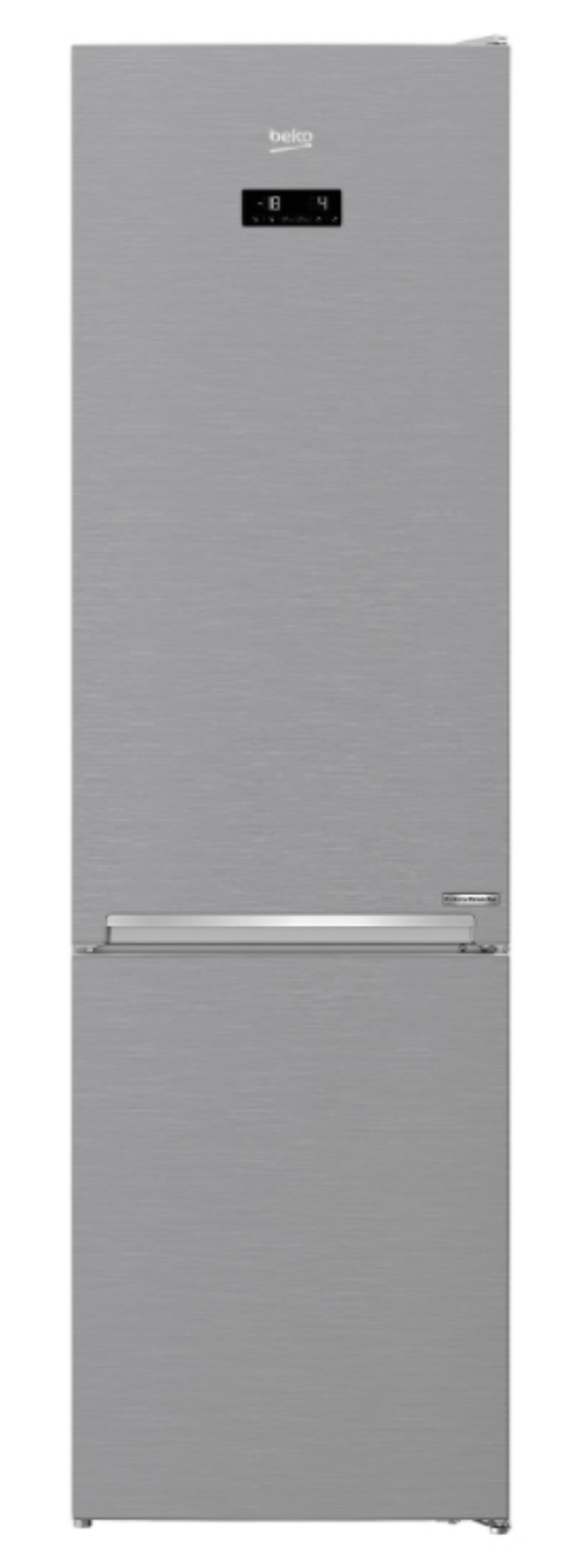 Un frigorífico Beko plateado y alto con dos puertas y pantalla digital.