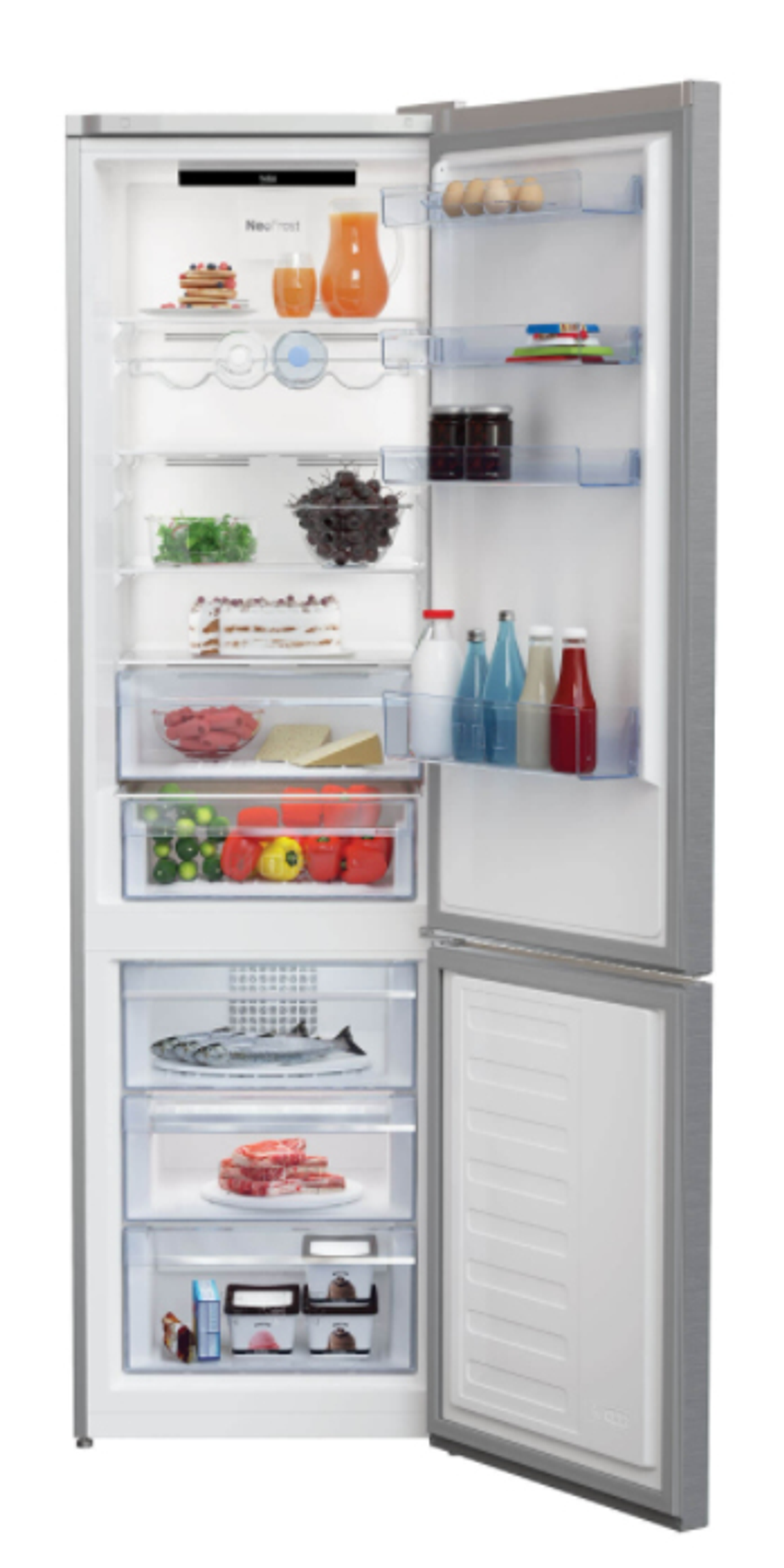 Un refrigerador plateado con la puerta abierta. El interior es visible, lleno de alimentos.