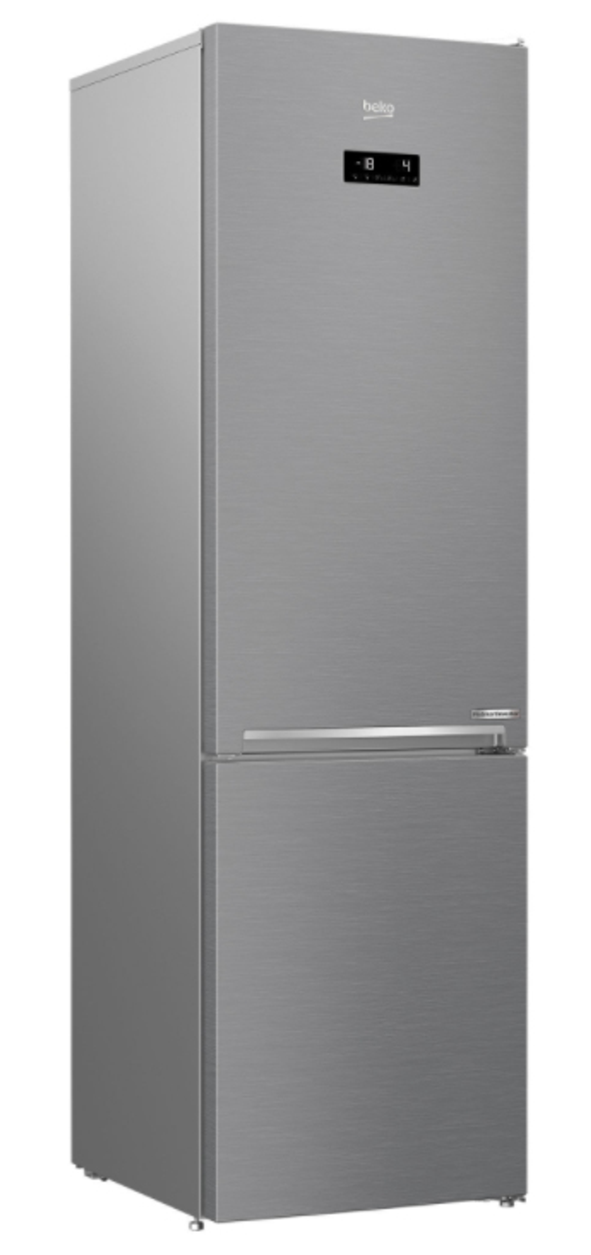 Un refrigerador plateado con una pantalla digital en el panel frontal.