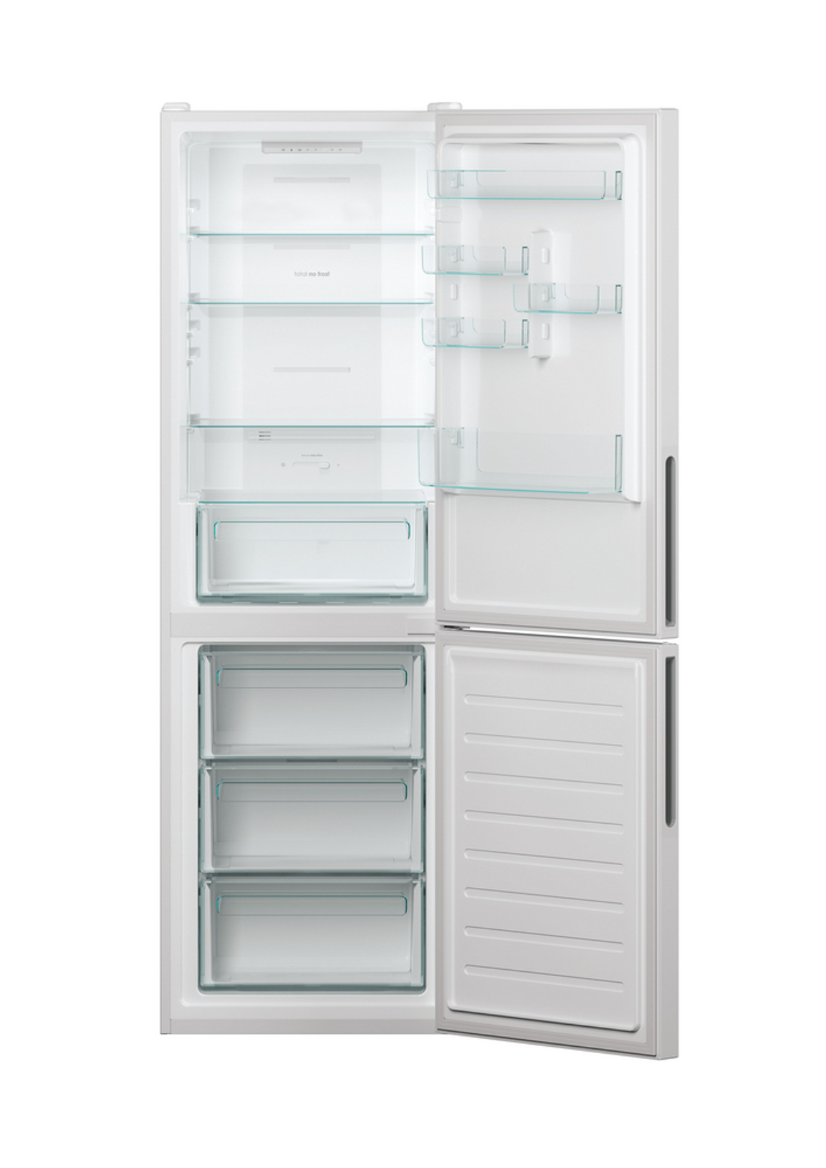 Un frigorifero bianco con la porta aperta, che rivela ripiani e cassetti.