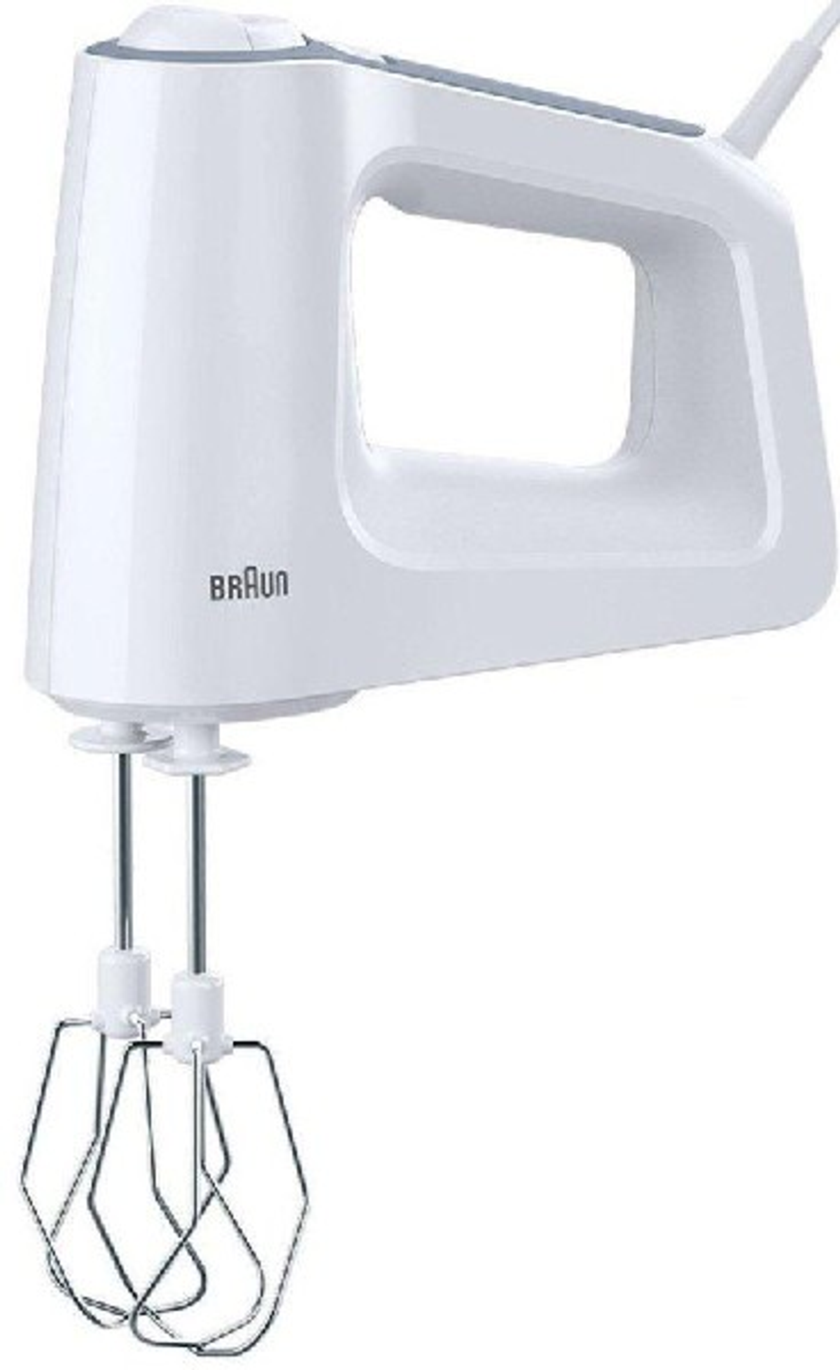 Biały mikser ręczny z logo Braun, z trzepaczkami gotowymi do użycia.