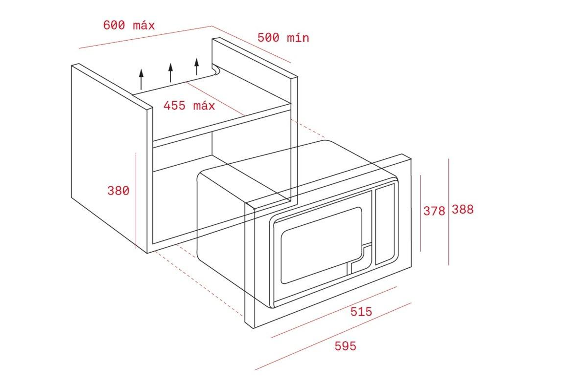 Schema di un forno a microonde da incasso. Mostra dimensioni e requisiti di installazione. Vista prospettica.
