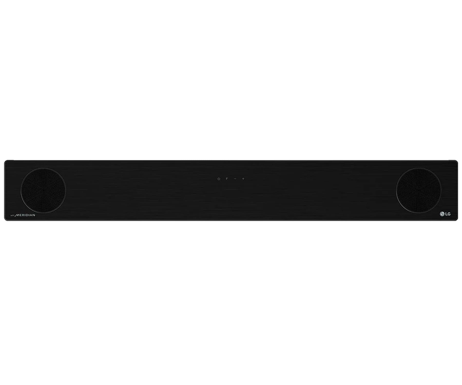 Eine lange, schwarze Soundbar mit abgerundeten Ecken. Zwei runde Lautsprecher an den Enden, auf weißem Hintergrund.
