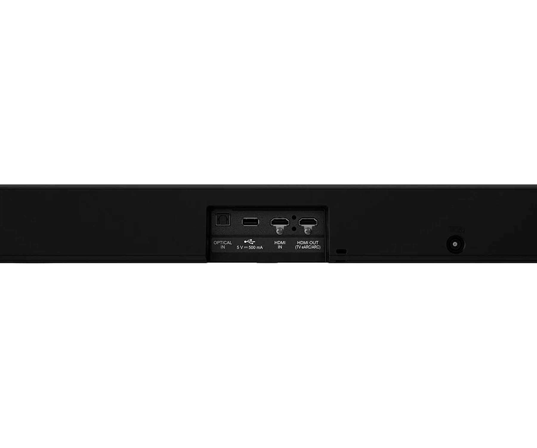 Rückseite einer schwarzen Soundbar. Zeigt optische, USB-, HDMI- und Stromeingangsanschlüsse.