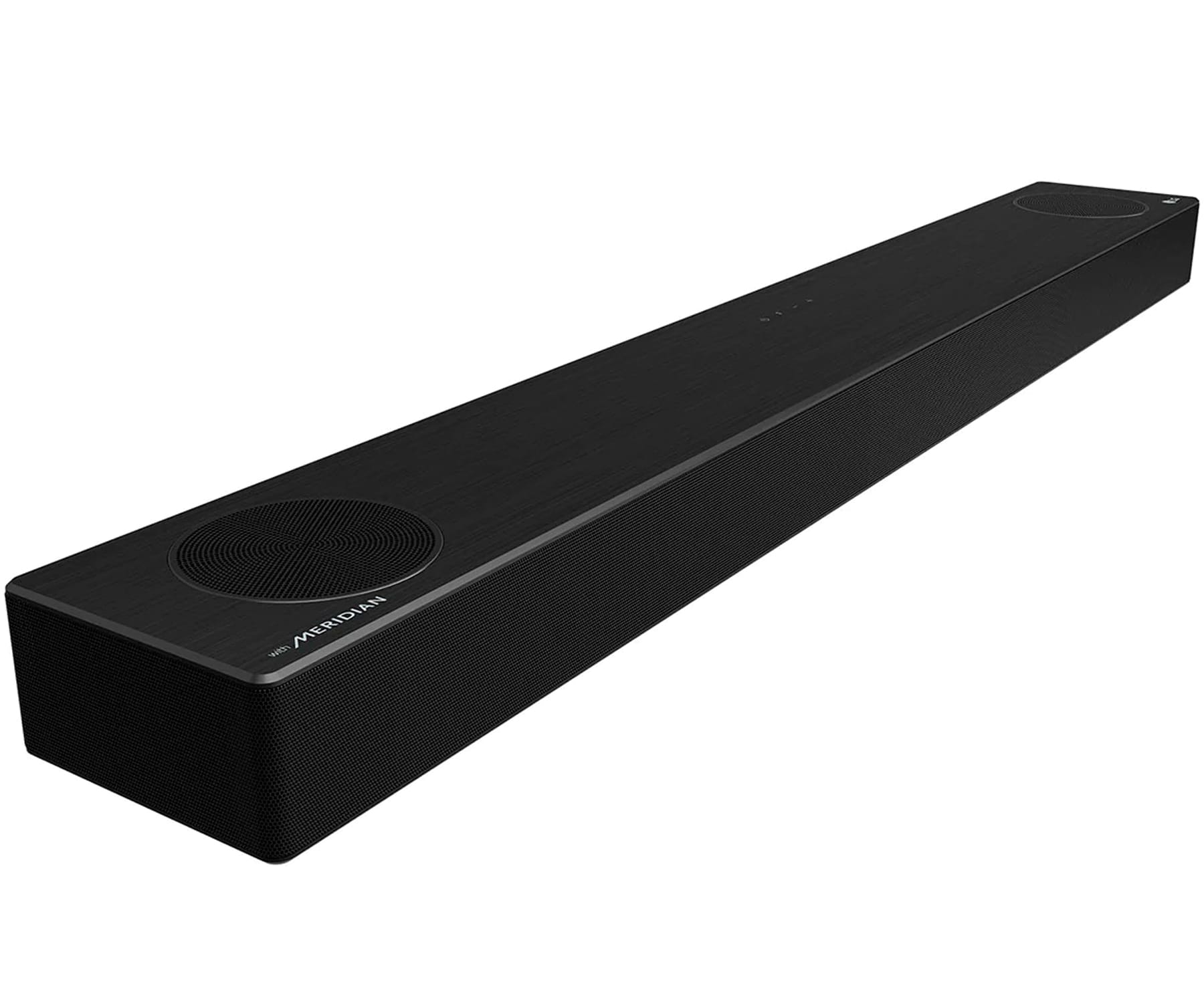 Schwarze Soundbar mit Lautsprechern. Es hat das Meridian-Logo. Die Soundbar steht auf weißem Untergrund.