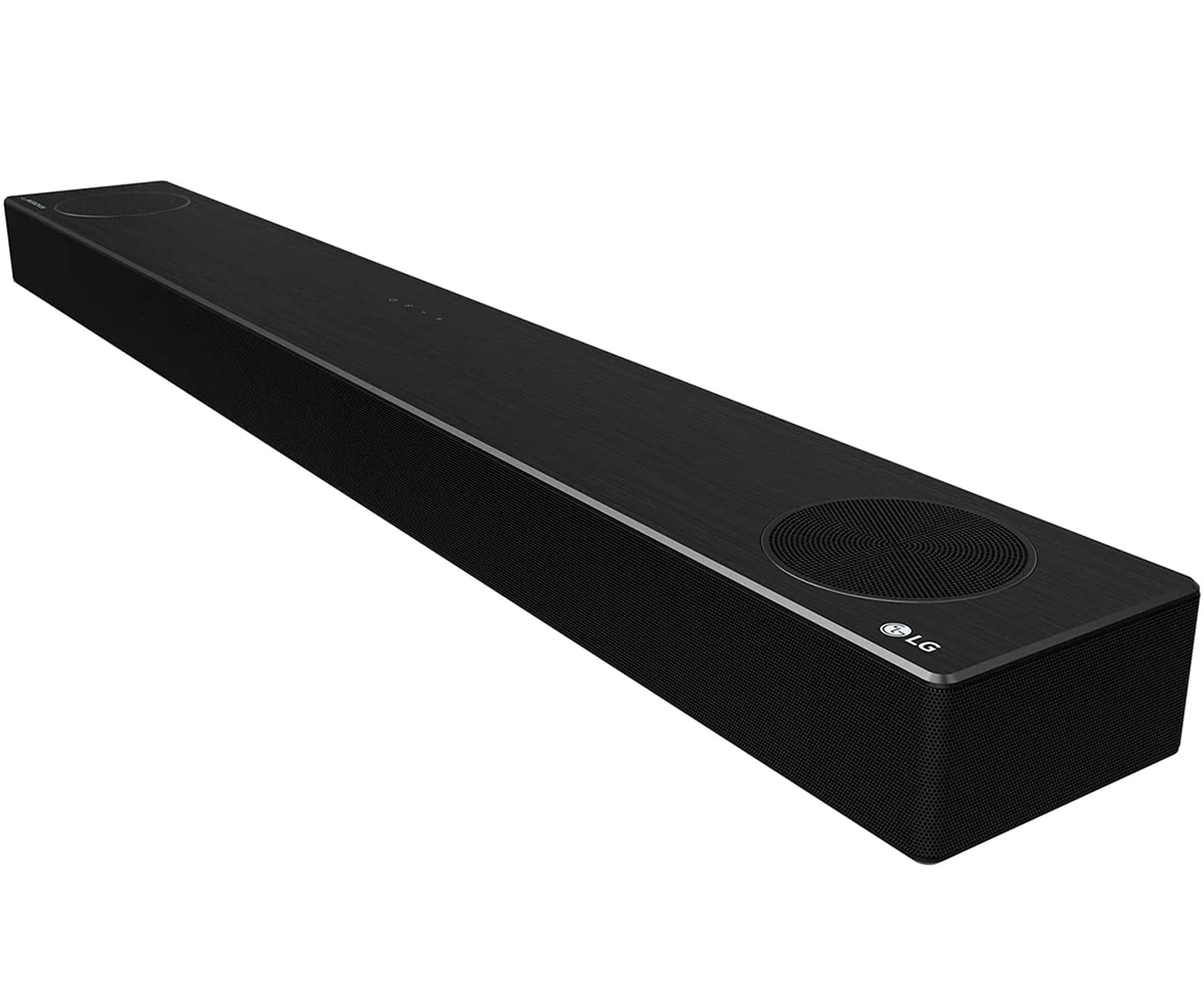 Schwarze LG Soundbar, lang und rechteckig, mit Lautsprechern an den Seiten und LG-Logo.
