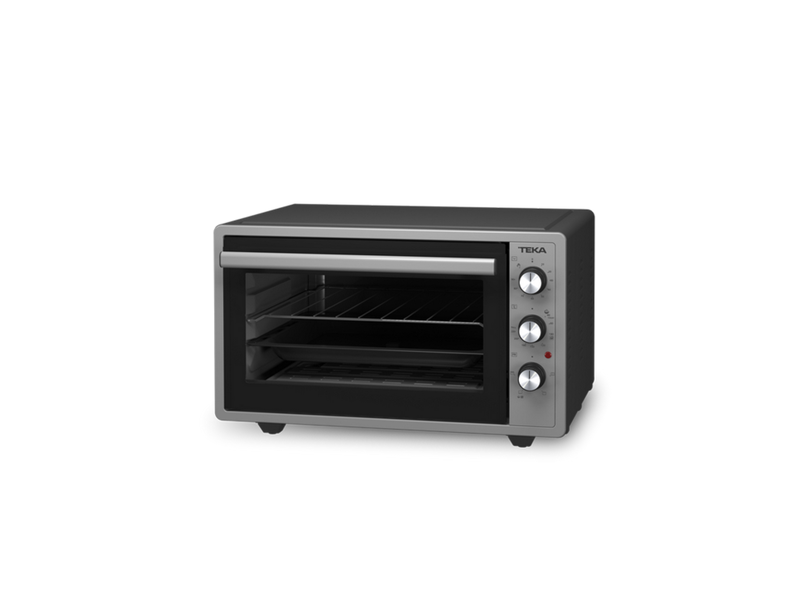 Srebrny piekarnik z pokrętłami. Czarne wnętrze, logo TEKA u góry, widok z boku.
