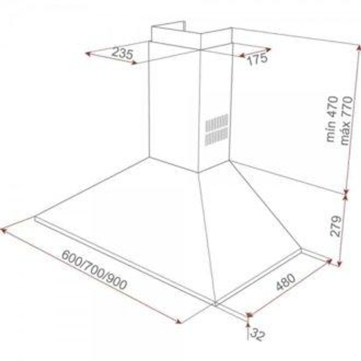 Diagrama de una campana extractora, con dimensiones indicadas.
