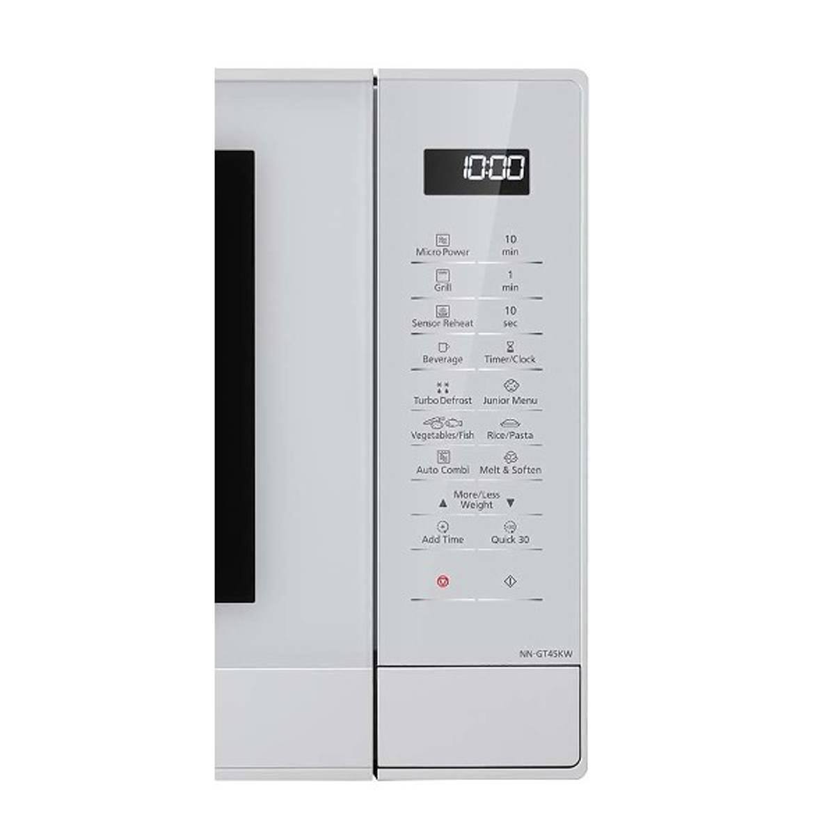 Panel sterowania kuchenki mikrofalowej z zegarem cyfrowym i różnymi przyciskami.