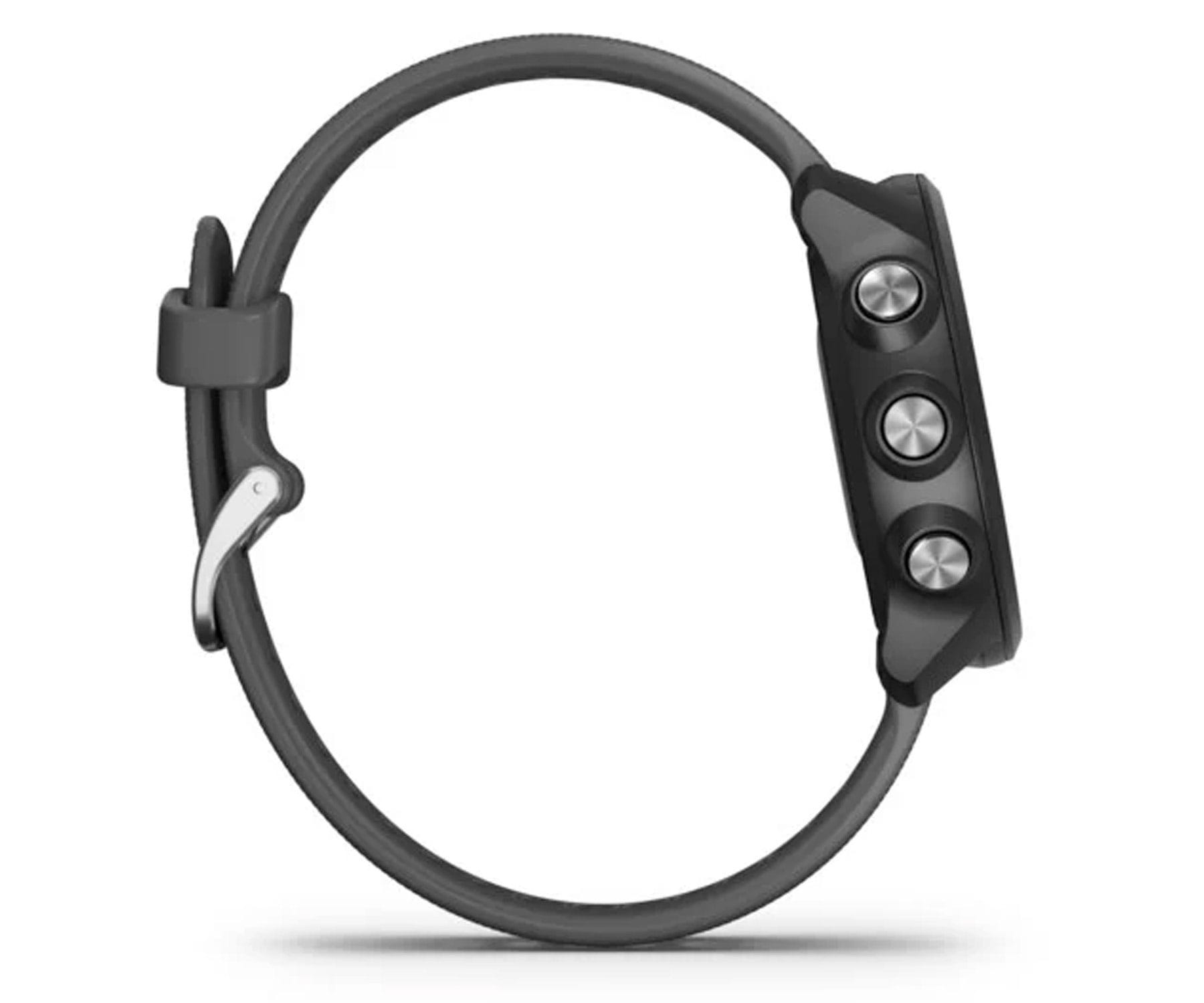 Seitenansicht einer Smartwatch mit grauem Armband.