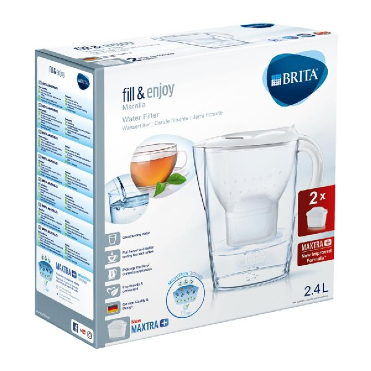 Una caja de filtro de agua, blanca y azul. Tiene una jarra de filtro de agua y una taza con té.
