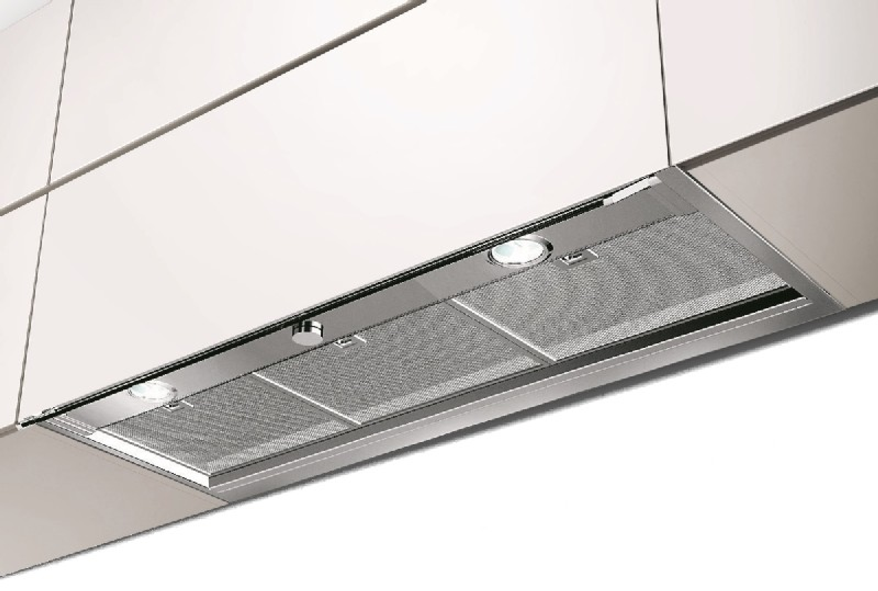 Campana de cocina de acero inoxidable con dos luces, bajo un armario blanco.