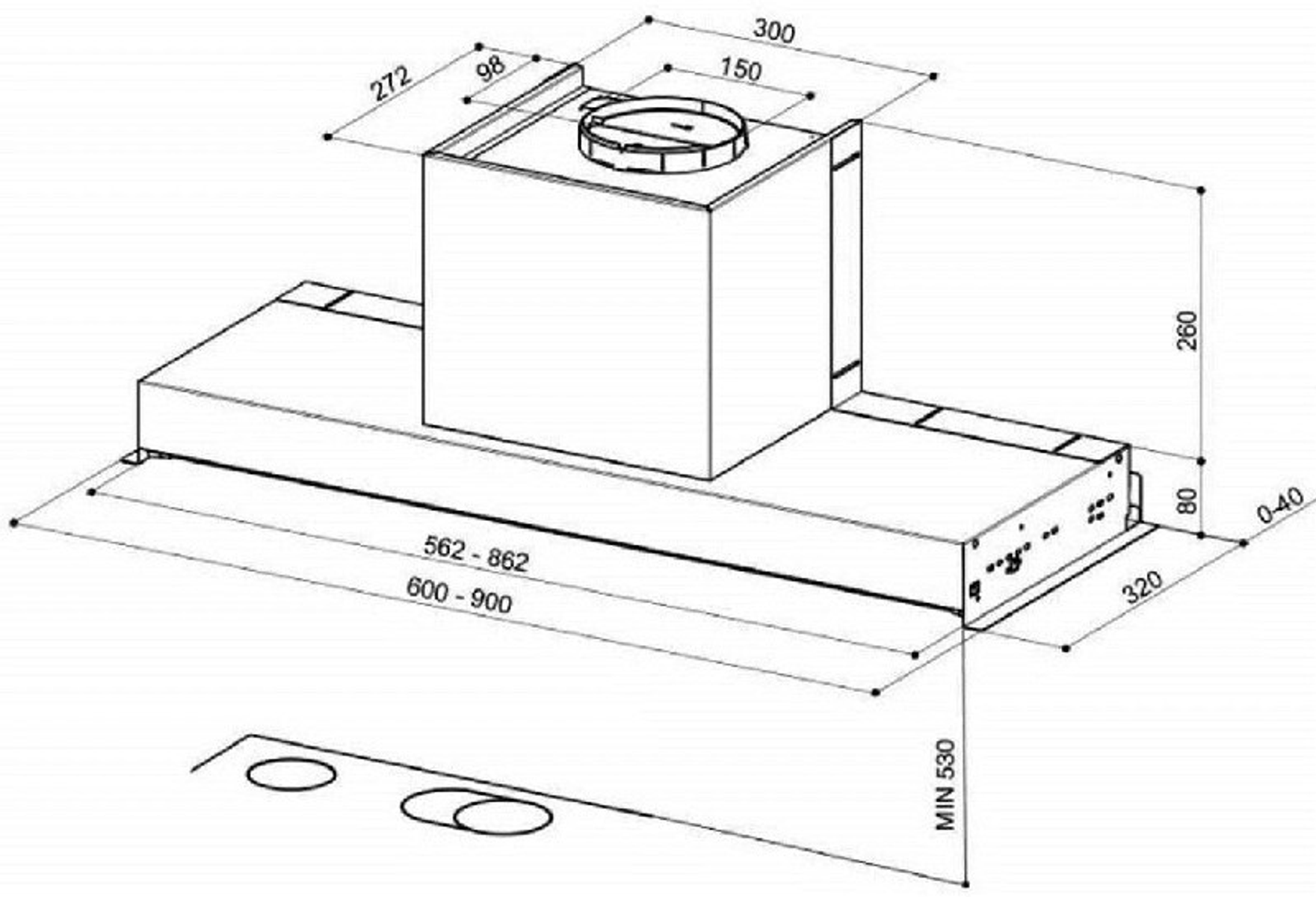 Dibujo isométrico de una campana extractora con dimensiones etiquetadas. Muestra la estructura.