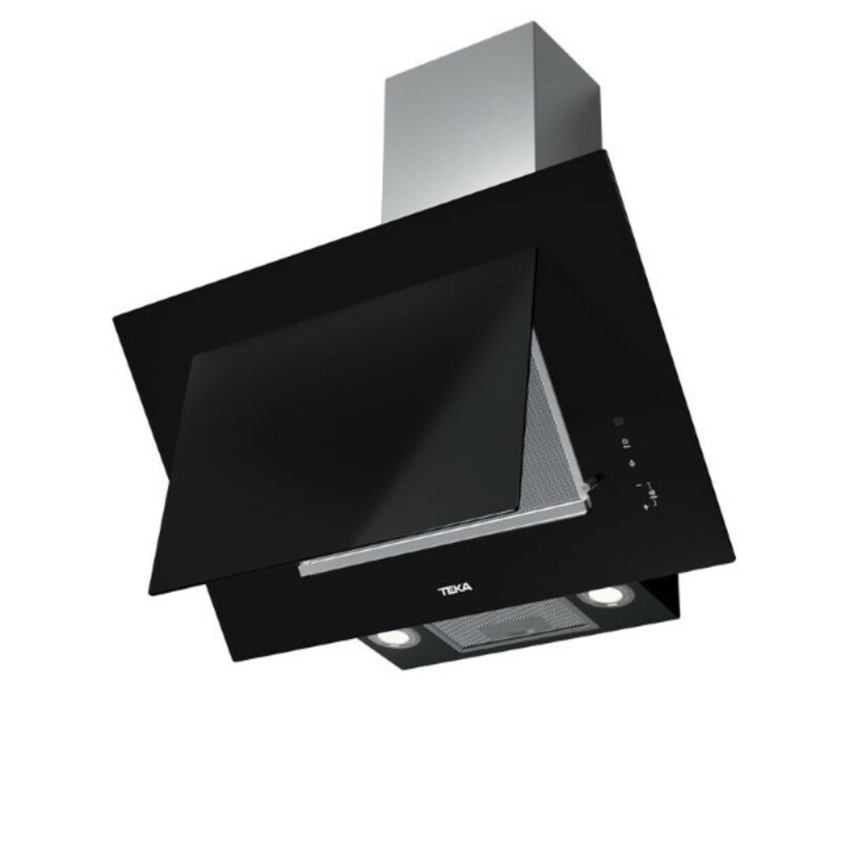 Campana extractora negra con panel de vidrio abierto, luces encendidas.