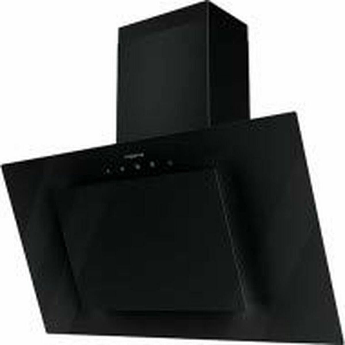 Campana extractora negra con diseño inclinado. Forma rectangular con controles y chimenea.