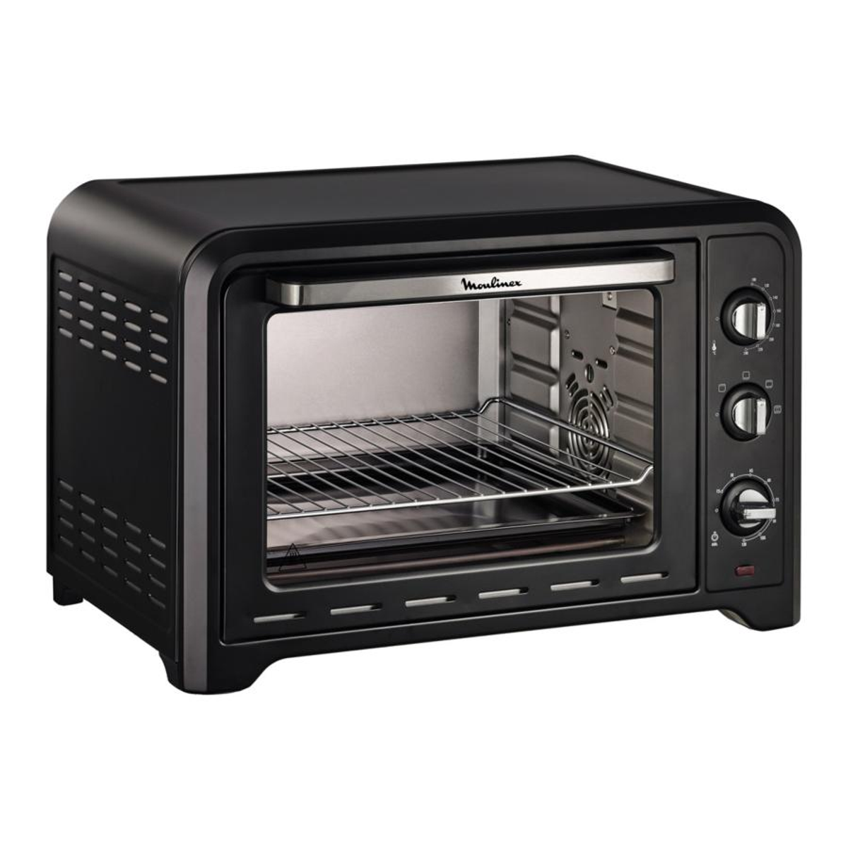 Un forno Moulinex nero con porta a vetro e manopole di controllo.
