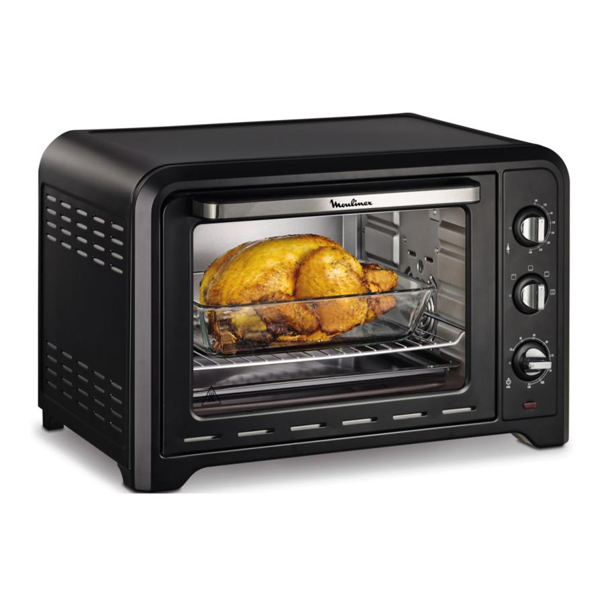 Un forno nero con un pollo cotto all'interno, visto attraverso una porta di vetro.