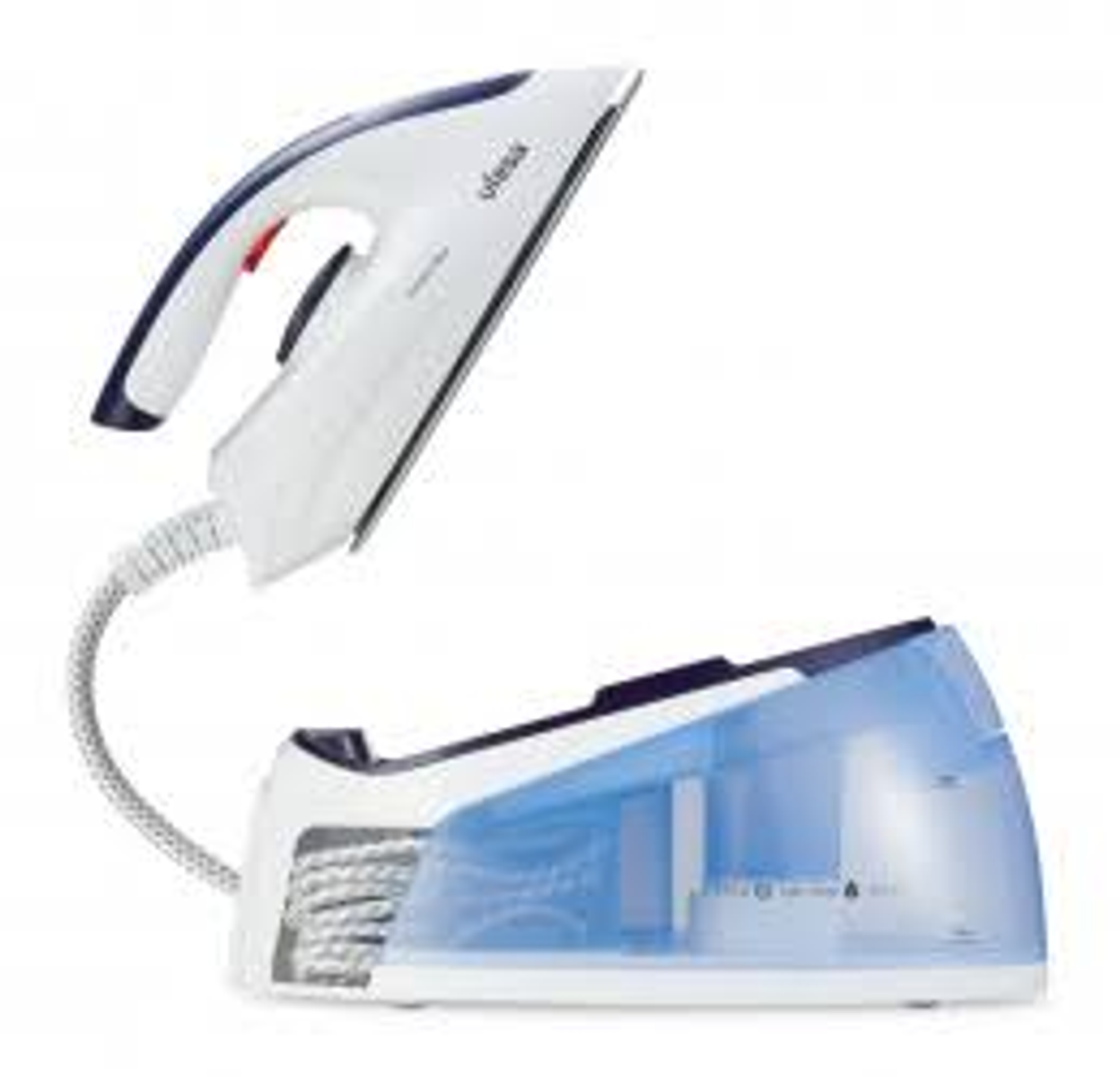 Plancha de vapor blanca y azul con una base de tanque de agua separada. La plancha está en el aire.