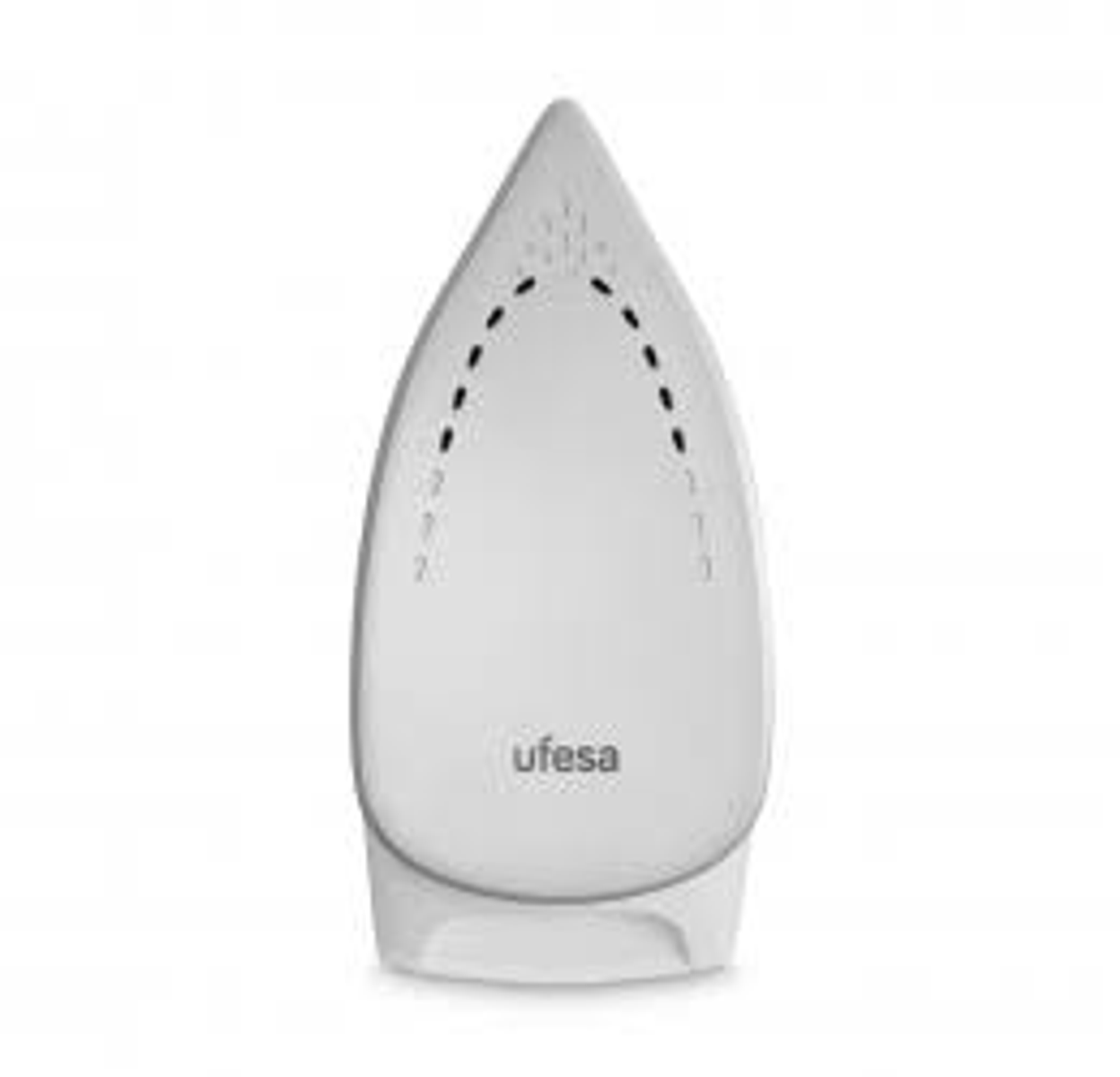 Plancha blanca con logo ufesa. La plancha tiene punta y orificios de vapor.