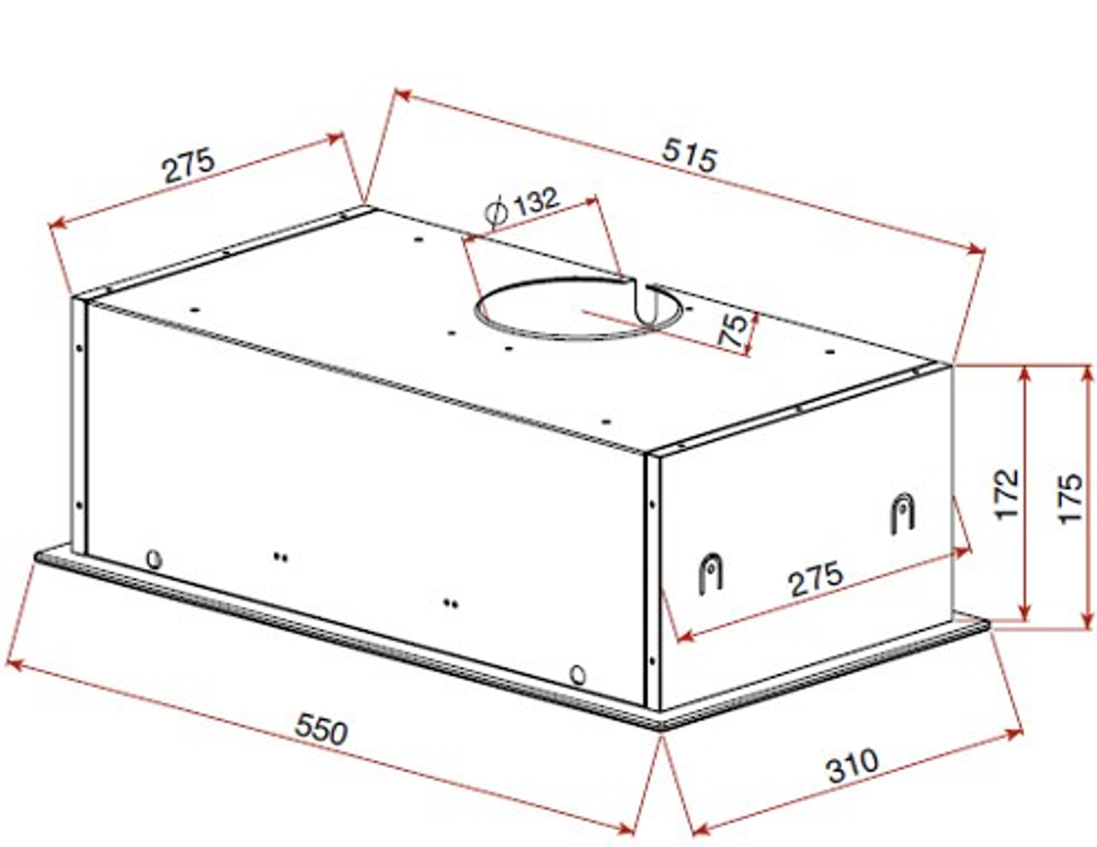 Un diagramma di una cappa da cucina, che mostra le dimensioni e un'apertura circolare.