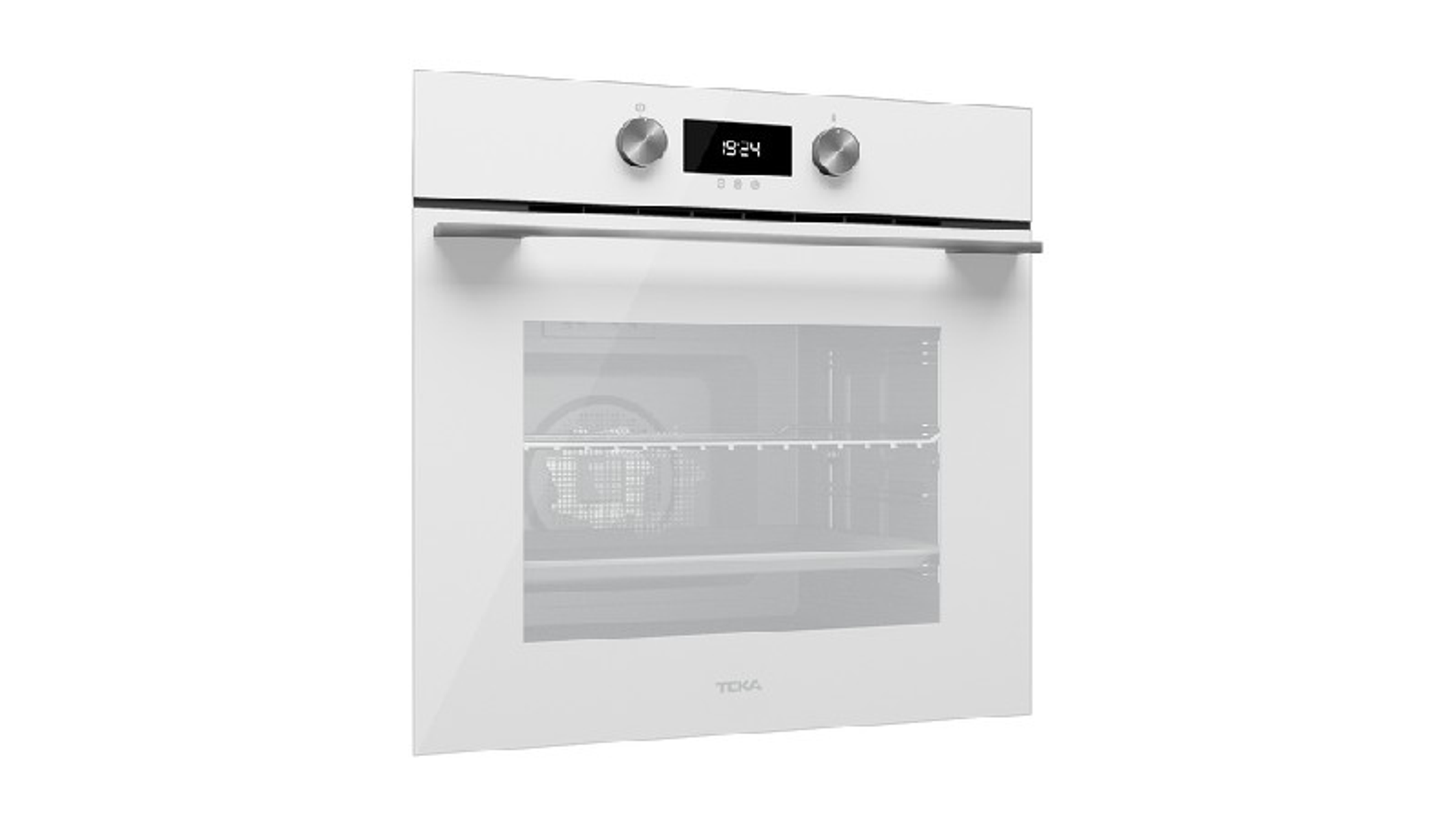 Biały piekarnik. Posiada cyfrowy wyświetlacz, dwa pokrętła i uchwyt. Drzwi są zamknięte.