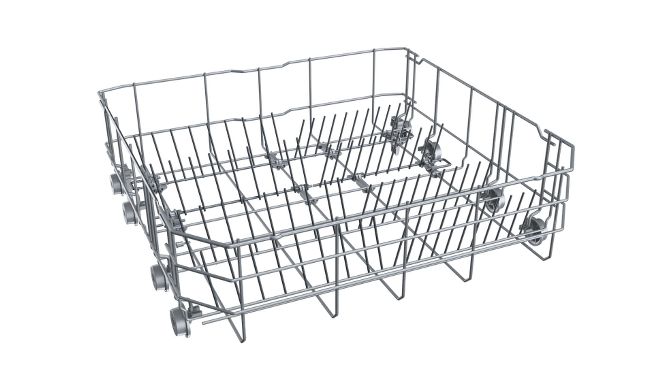 Cesta de lavavajillas metálica rectangular con divisores y ruedas.