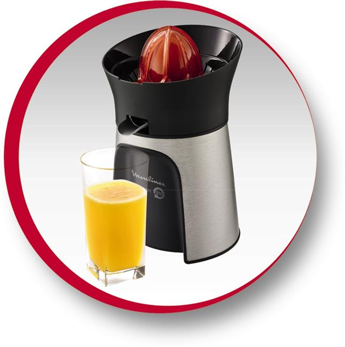 Entsafter mit einem Glas Orangensaft und einer geschnittenen Orange in einem roten Kreis.