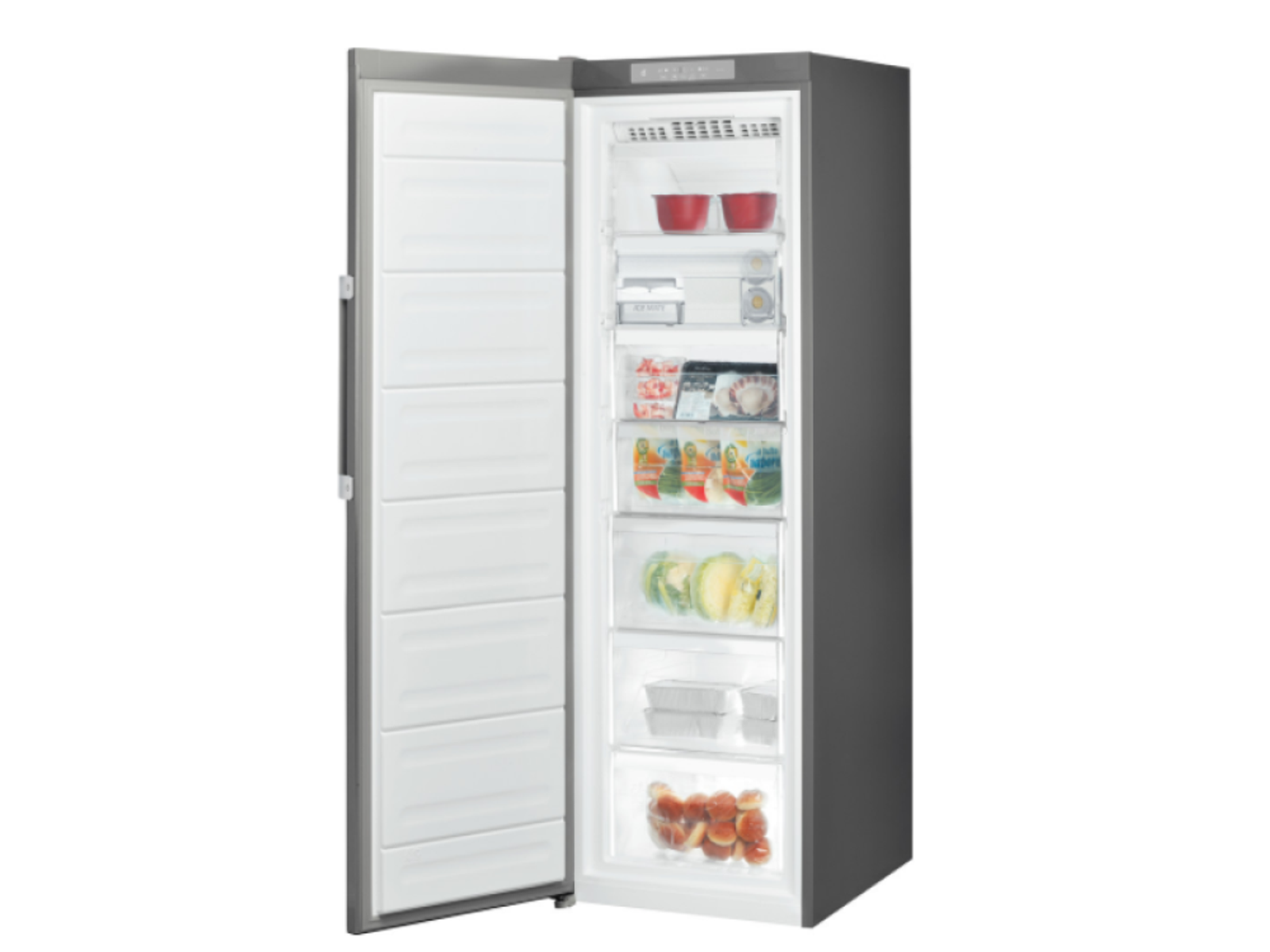 Congelador gris oscuro con puerta abierta. Estantes con alimentos son visibles.