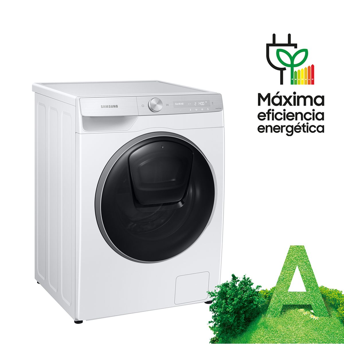 Una lavadora blanca con puerta negra. Una A verde y texto en el fondo. Fondo blanco.