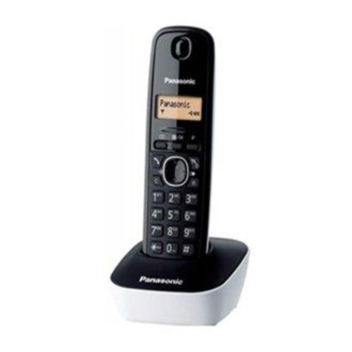 Telefono cordless Panasonic bianco e nero con base.