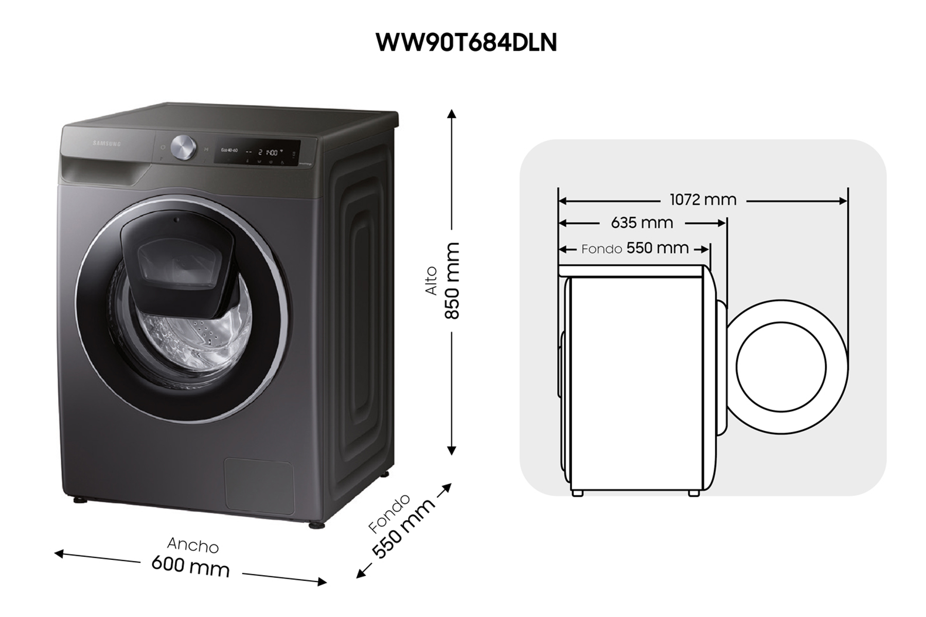 SAMSUNG AddWash 6000 Series WW90T684DLN Lavatrice, Caricamento frontale, 9 kg, 22 programmi, Profondità 550 mm, Giri 1400 rpm, Nero, livello rumorosità centrifuga 72 dB(A), Classe A