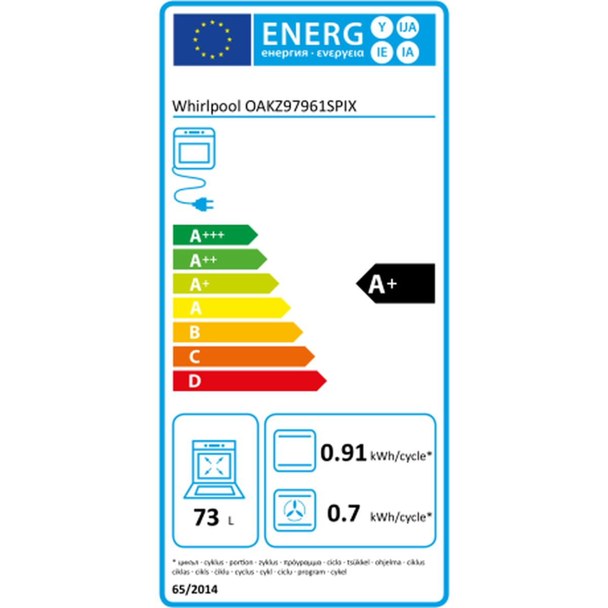 Etiqueta energética para horno Whirlpool. Muestra eficiencia y detalles de consumo.